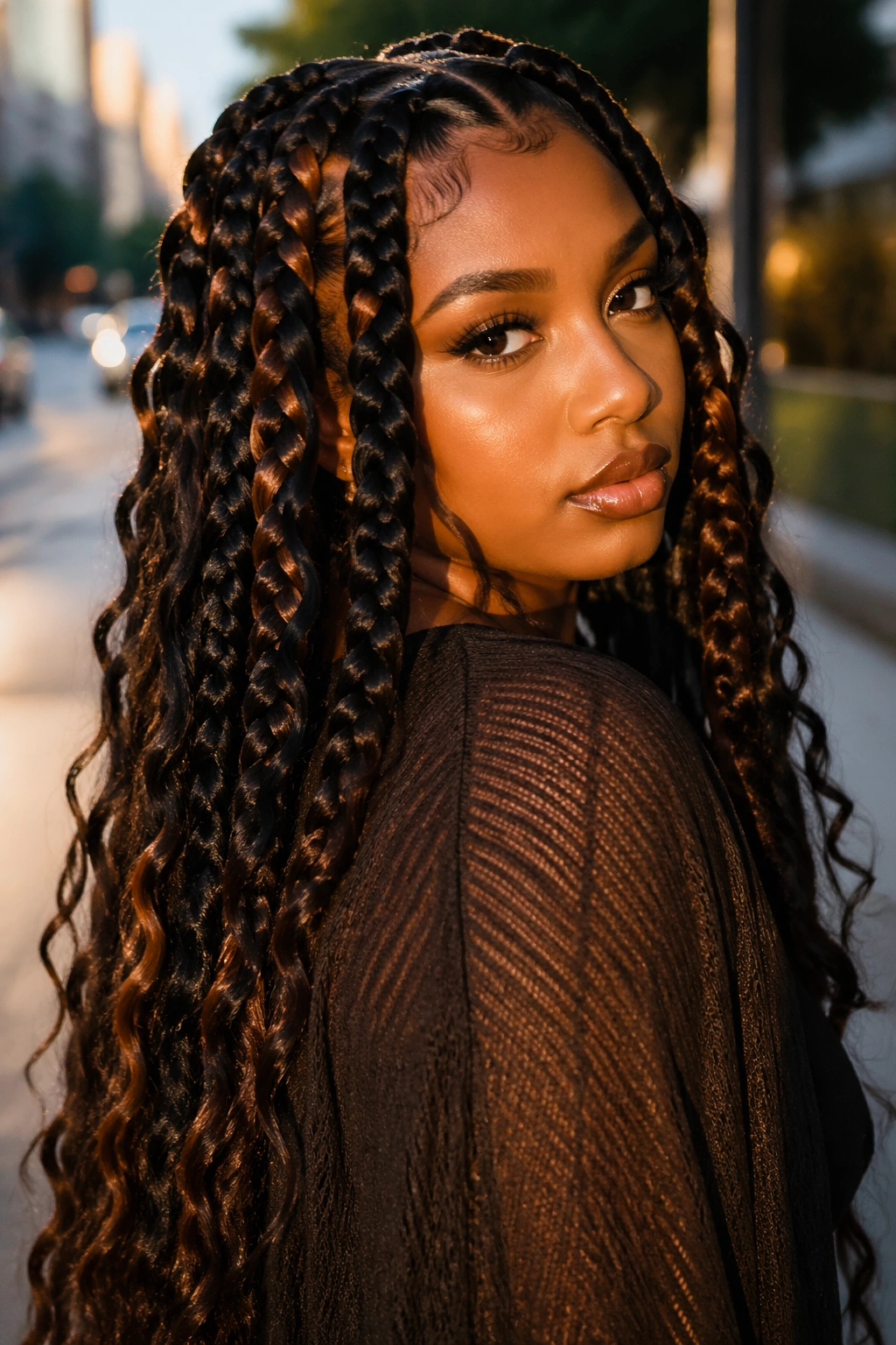 Close-up of jumbo boho box braids on a real person in urban golden hour light