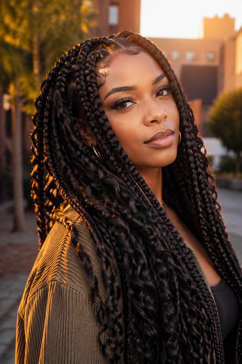 Close-up portrait of a real woman with jumbo long boho box braids