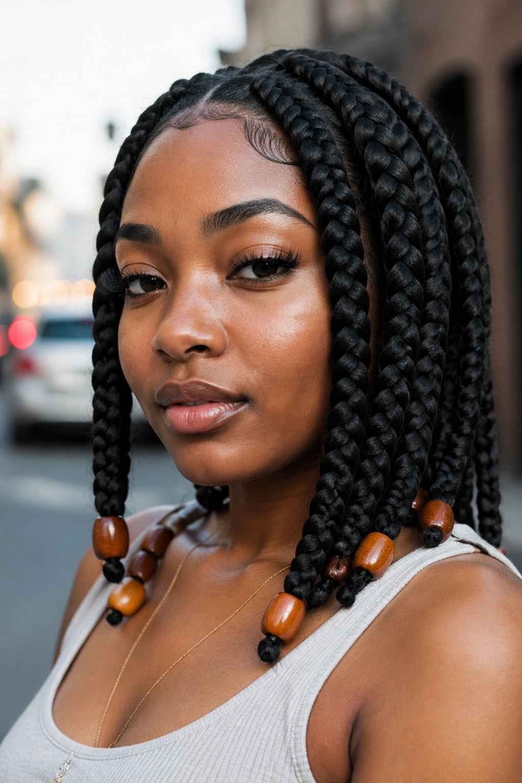 Close-up of a real person with jumbo box braids and oversized beads.