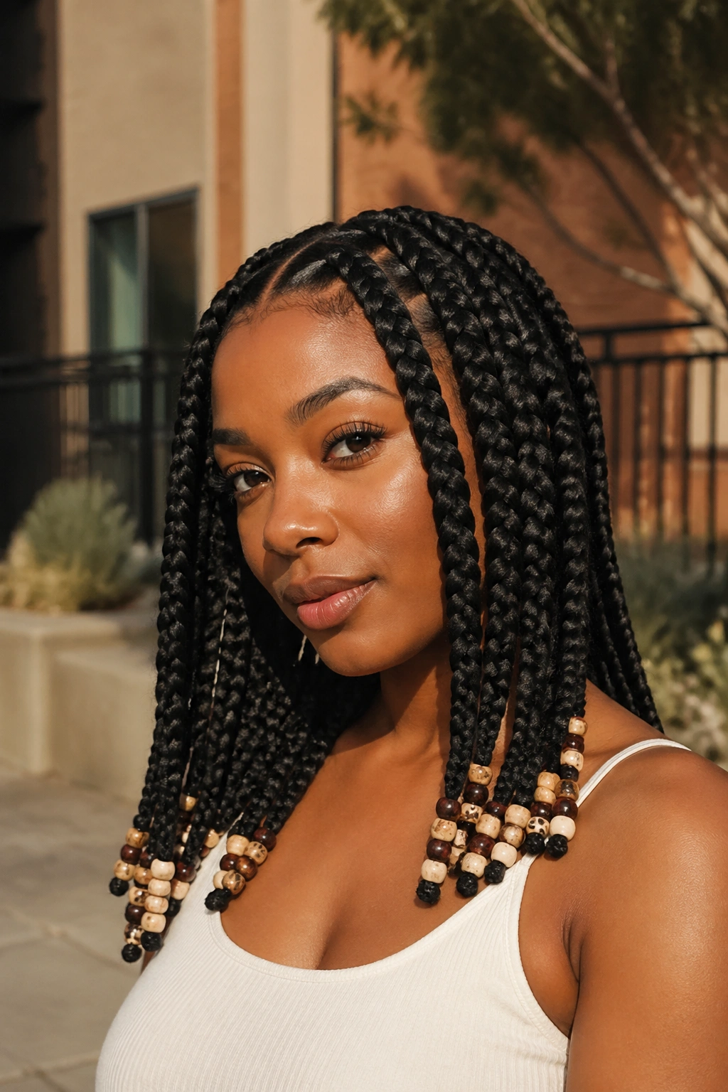 Close-up portrait of real person with beaded jumbo box braids.