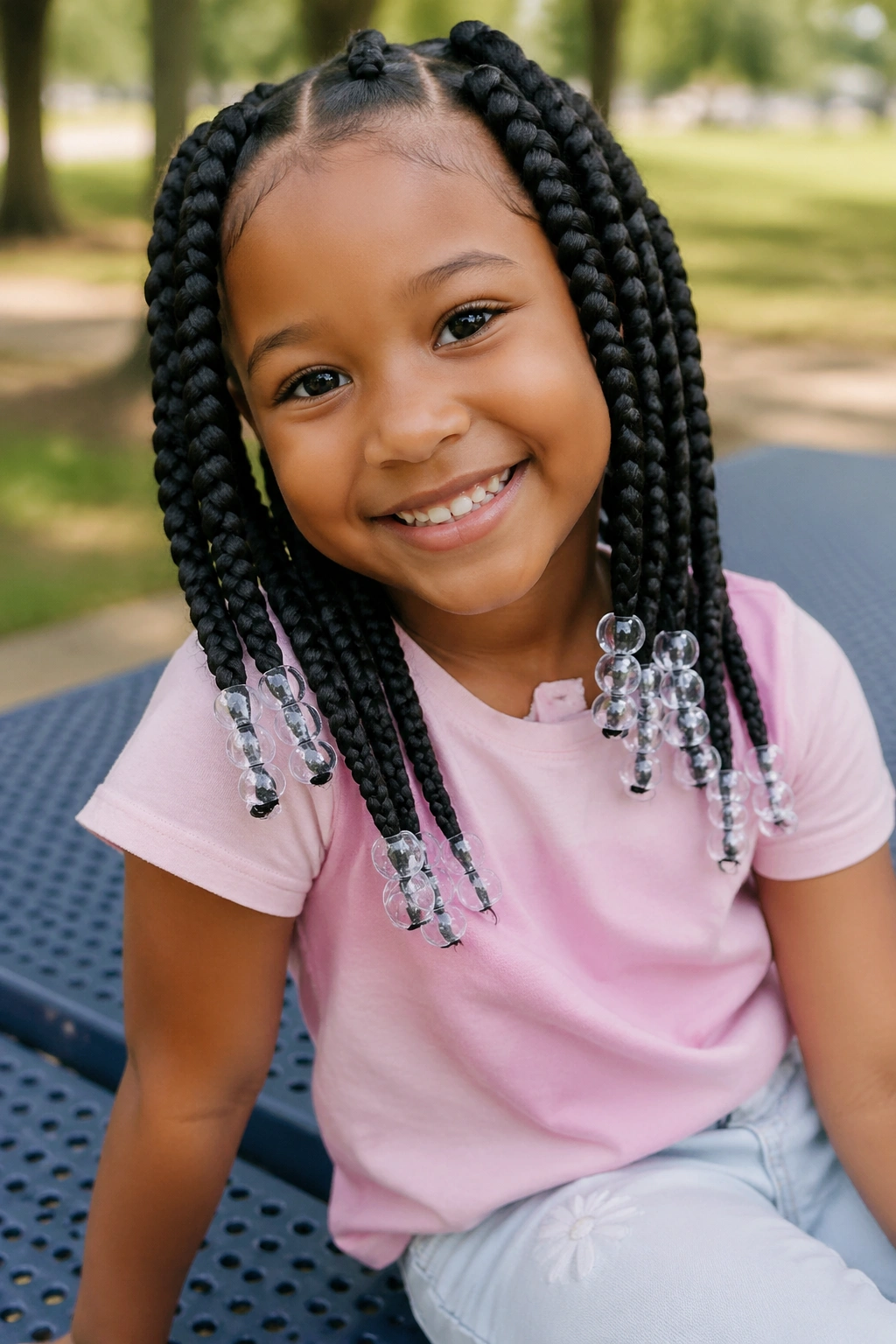 Close-up of child with jumbo box braids and clear beads outdoors