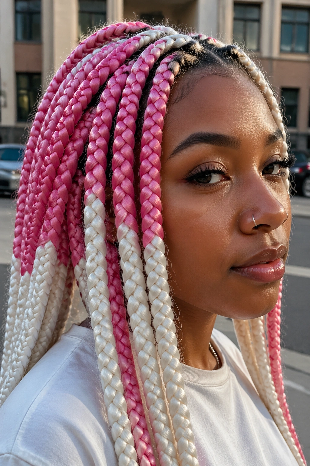 Close-up of jumbo pink and white color-block box braids on a real person.