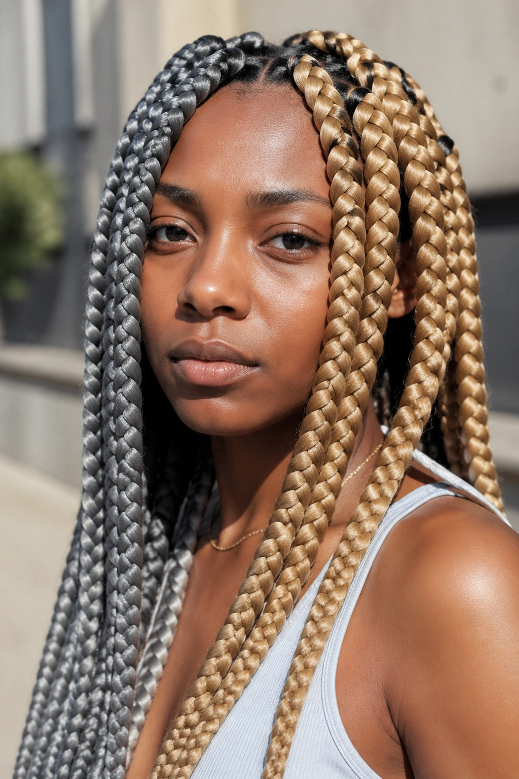 Close-up of a person with jumbo box braids in blonde and grey panels