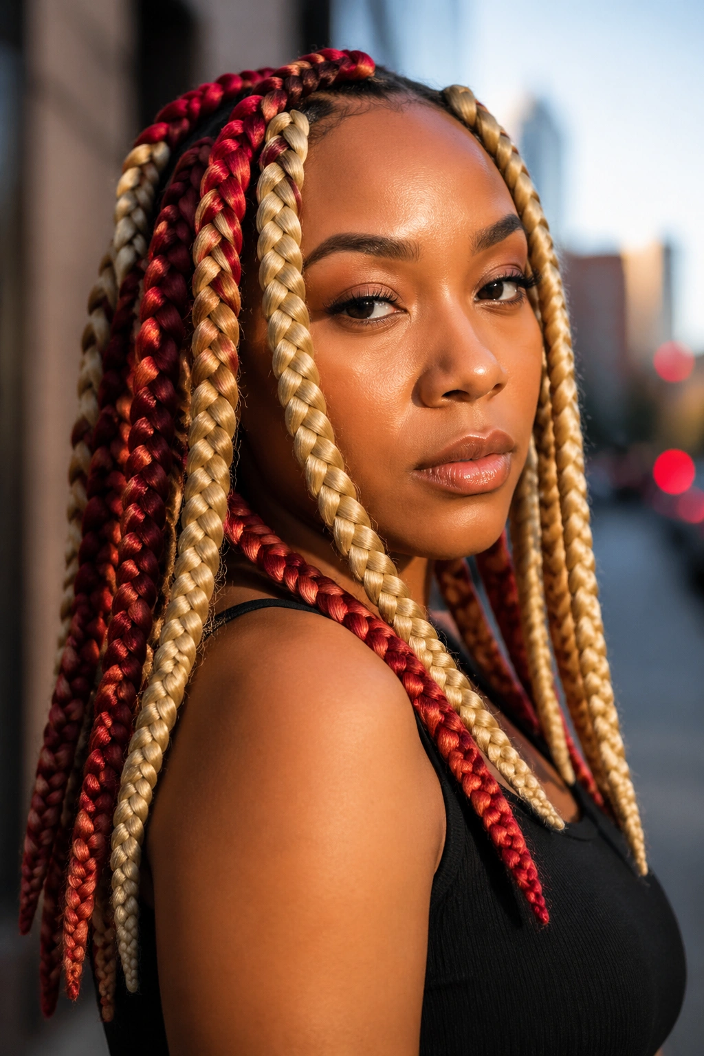 Real person with jumbo blonde and red box braids on street