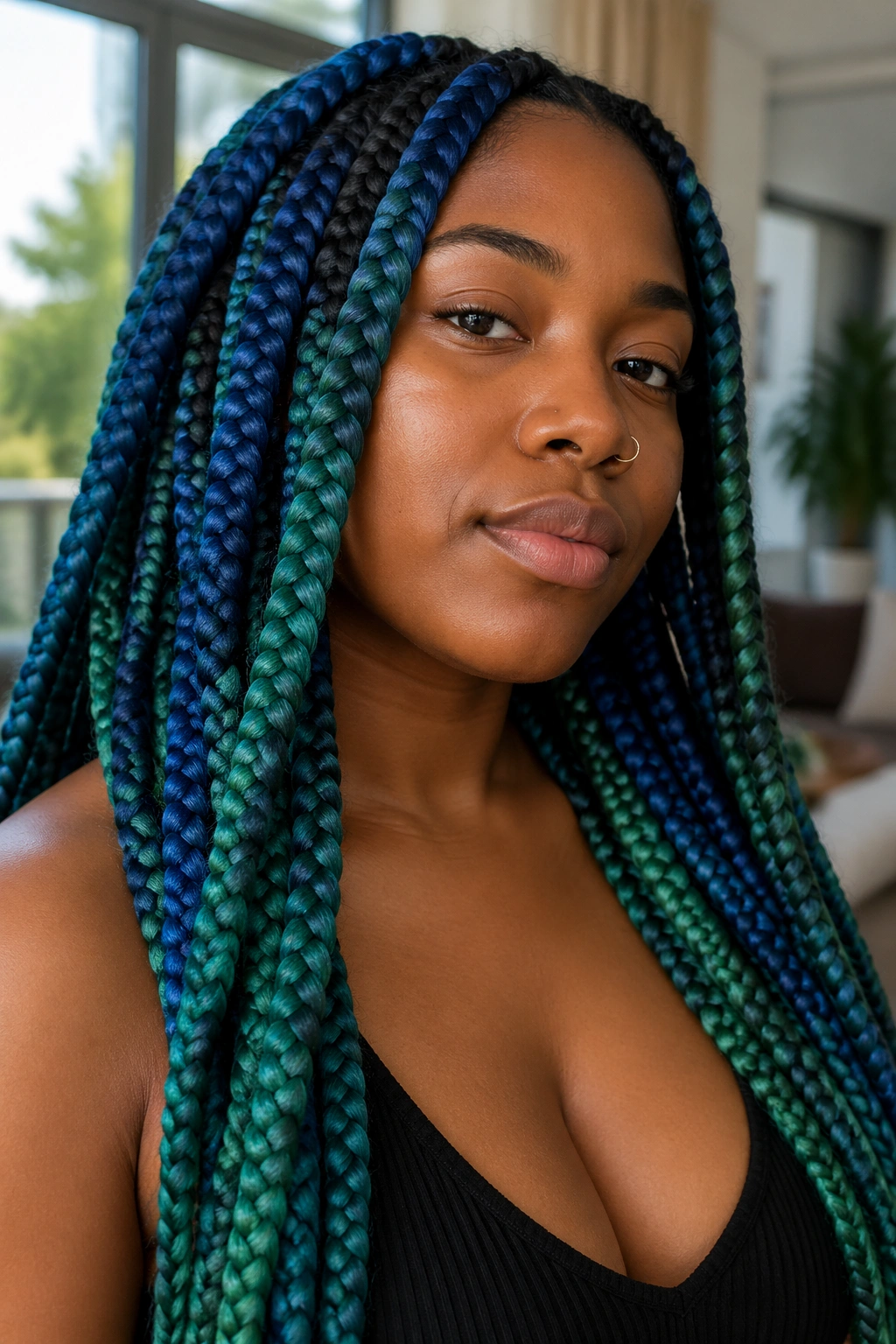 Close-up portrait of a real person with jumbo blue and green box braids