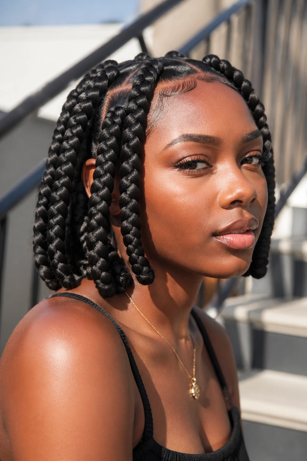 Real person with jumbo short box braids in a sunlit outdoor setting
