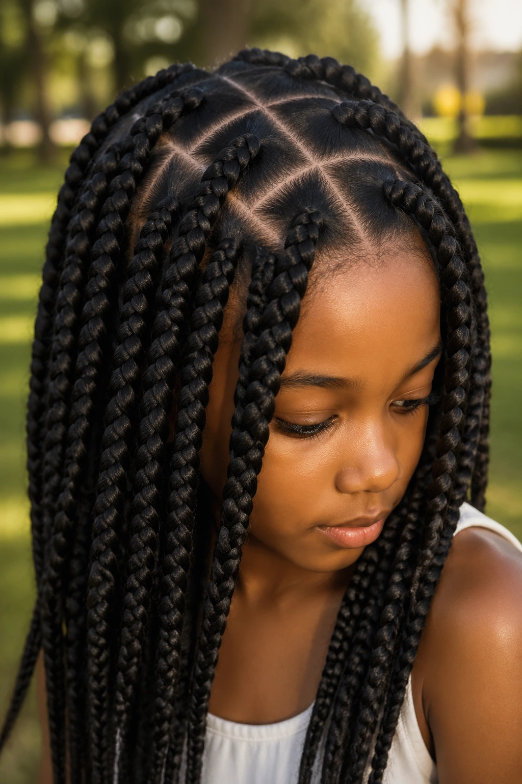 Portrait of a girl with jumbo box braids and clean parts in a park setting