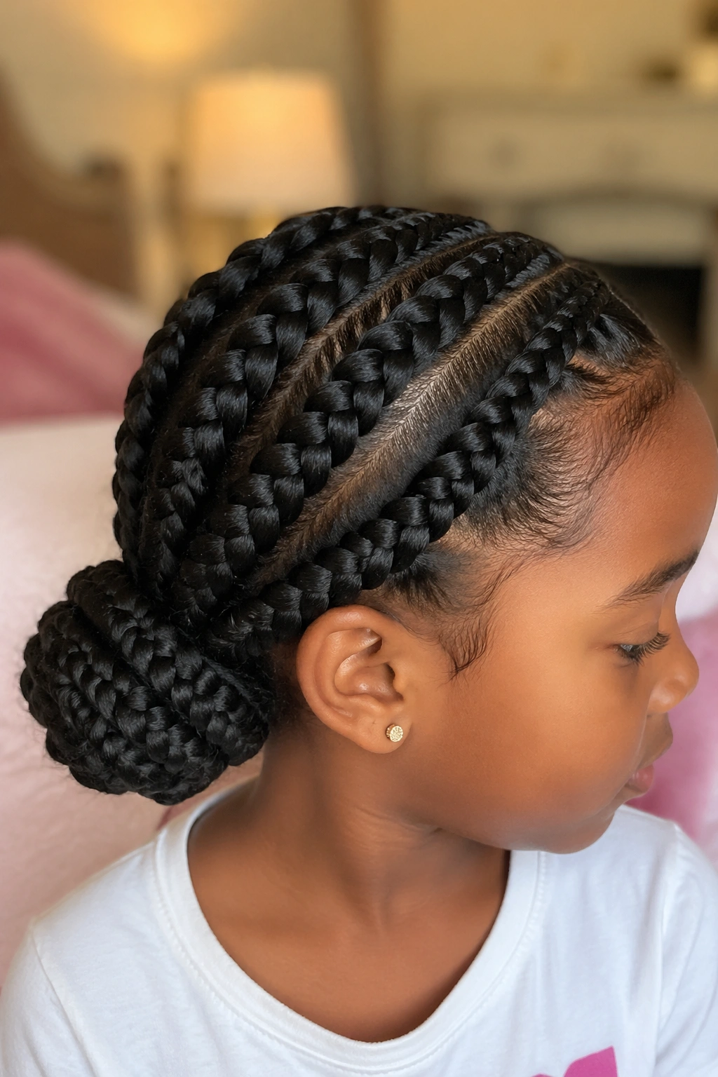 Close-up of a real child with a jumbo low-bun box braid at the nape