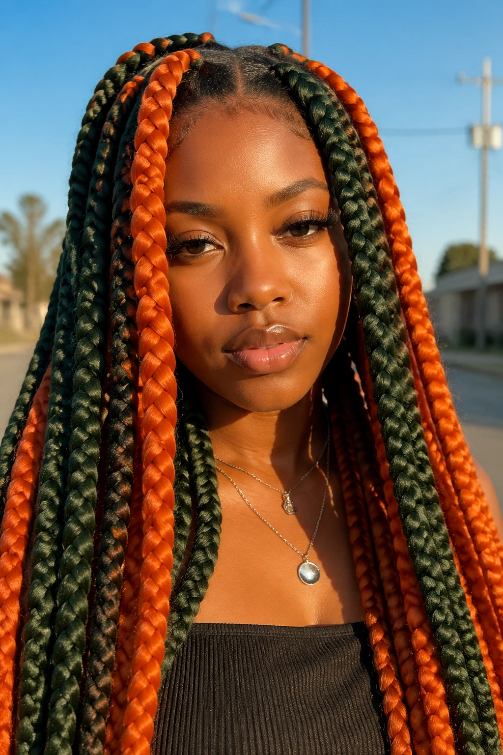 Front portrait of a real person with jumbo box braids in chunky color blocks