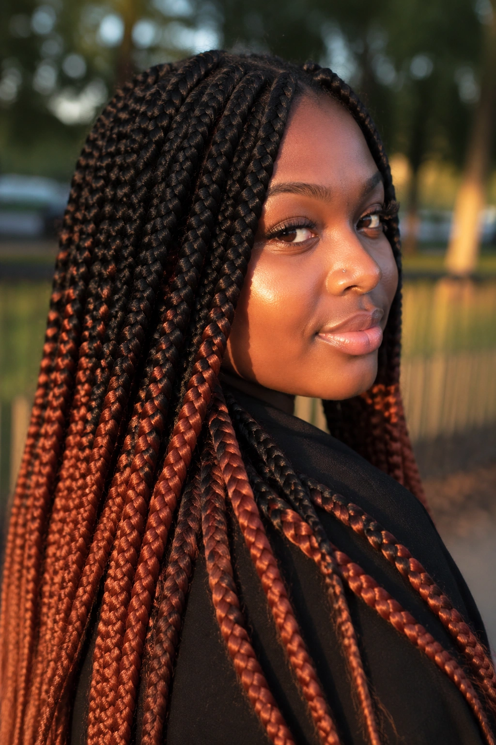 Close-up of a real person with jet-black to copper jumbo box braids
