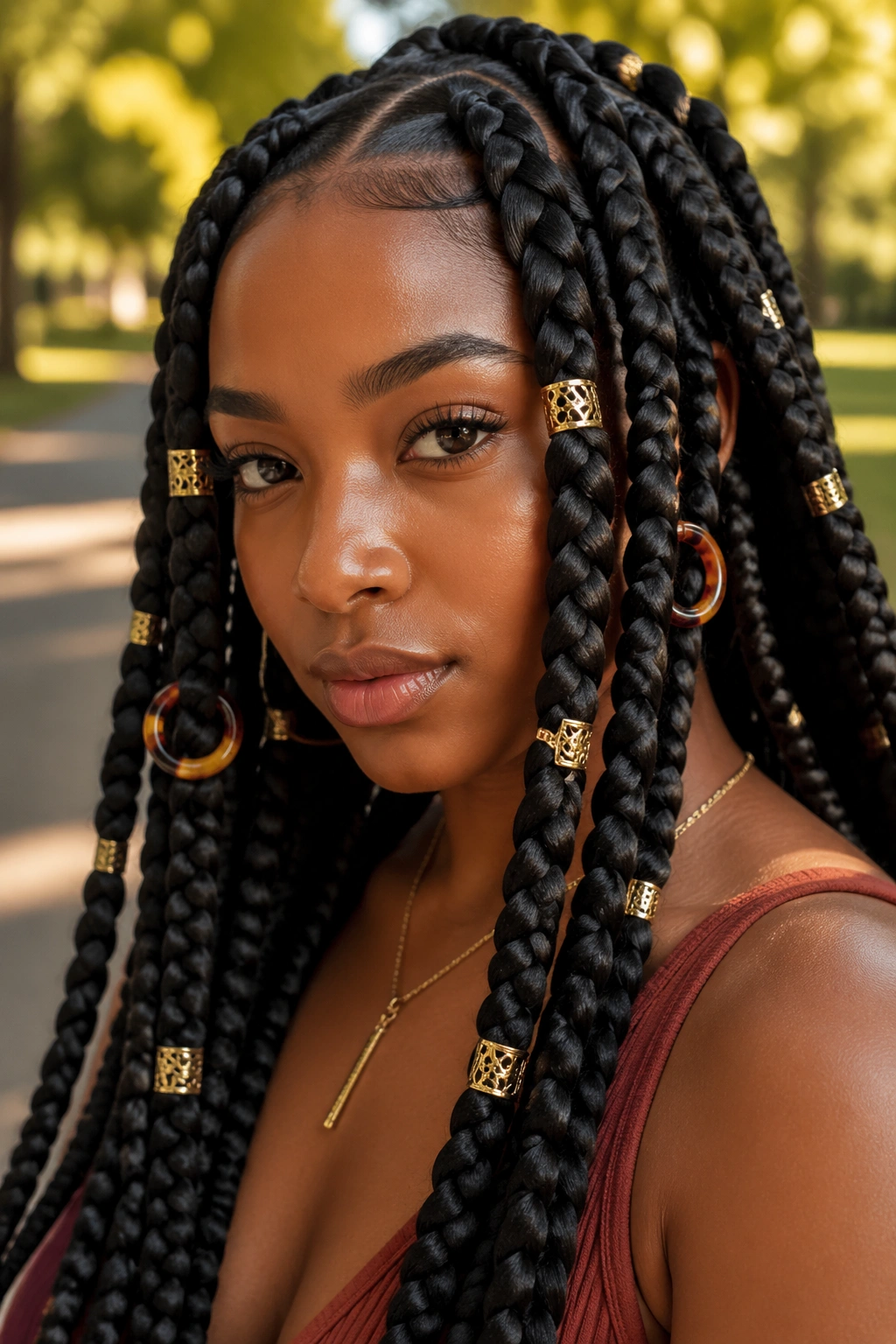 Real woman with jumbo box braids and gold cuffs in fall light