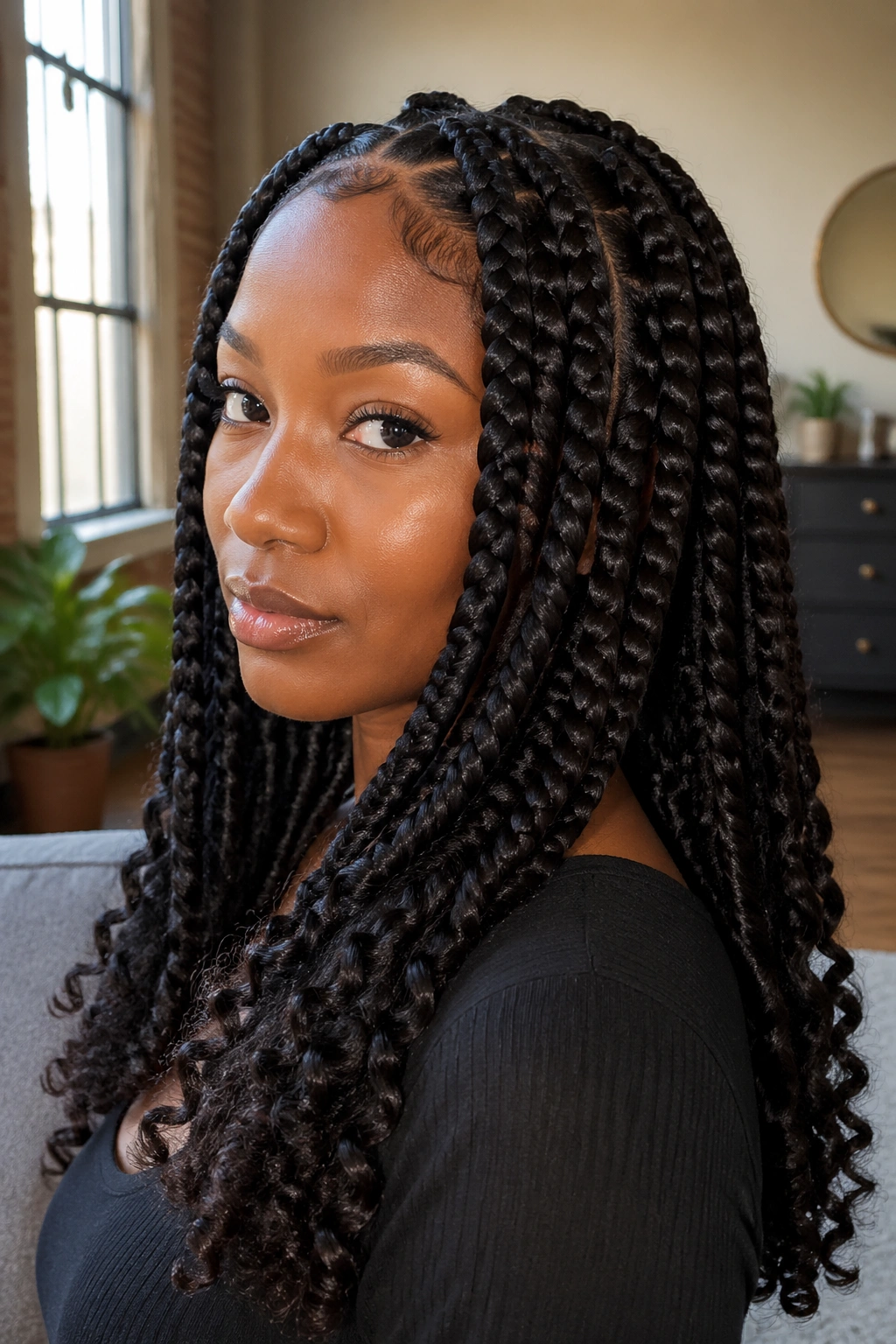 Close-up portrait of real person with jumbo box braids ending in curls.