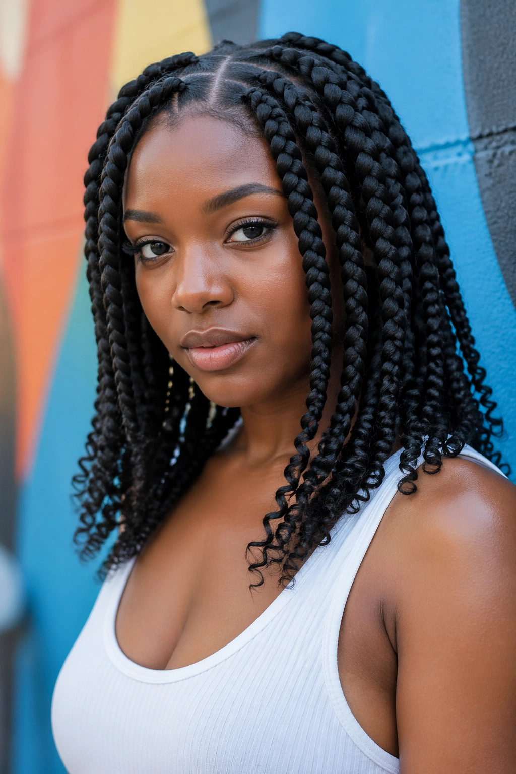 Real person with jumbo box braids and defined curly tips