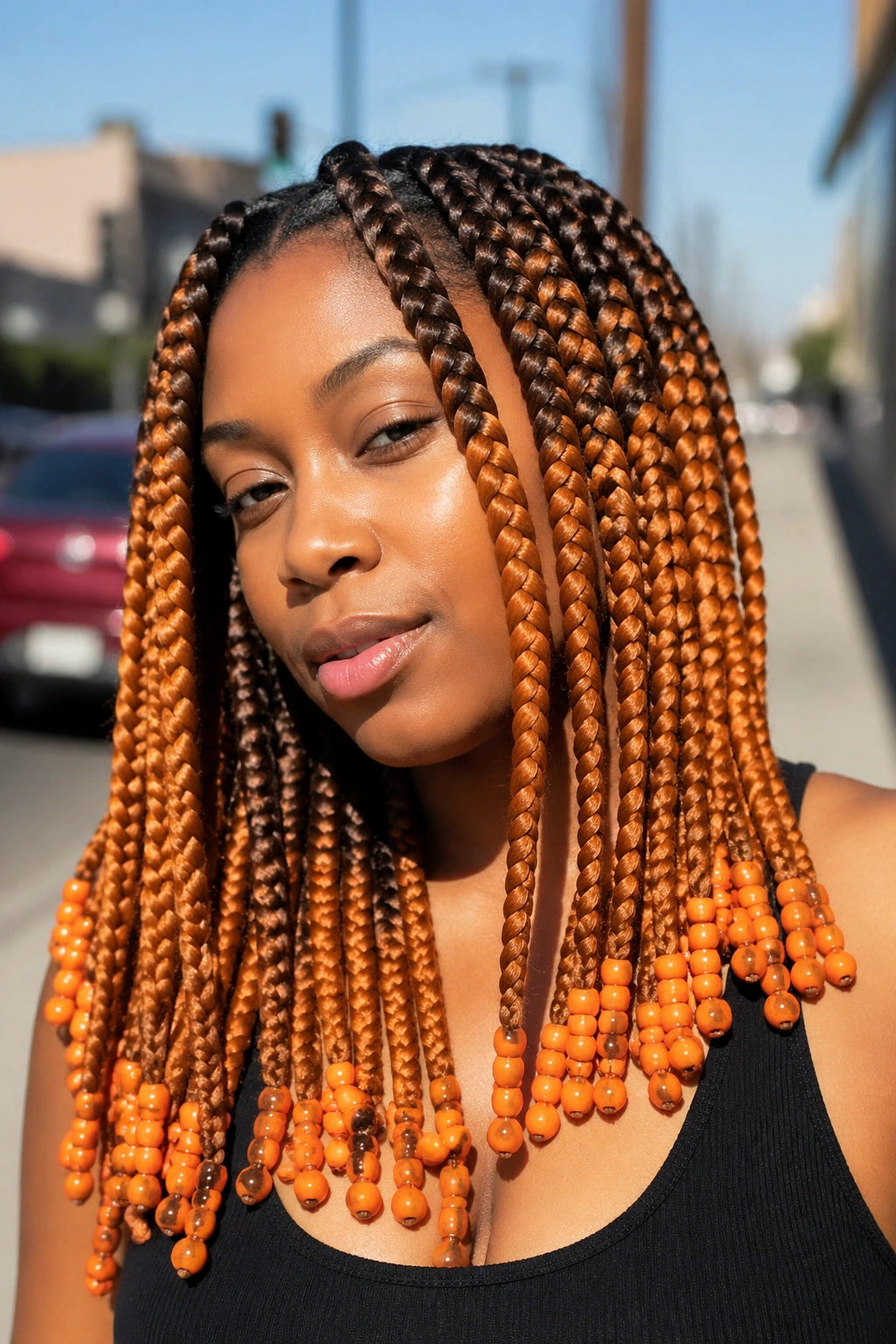 Close-up of jumbo box braids with brown roots and orange ends with orange beads