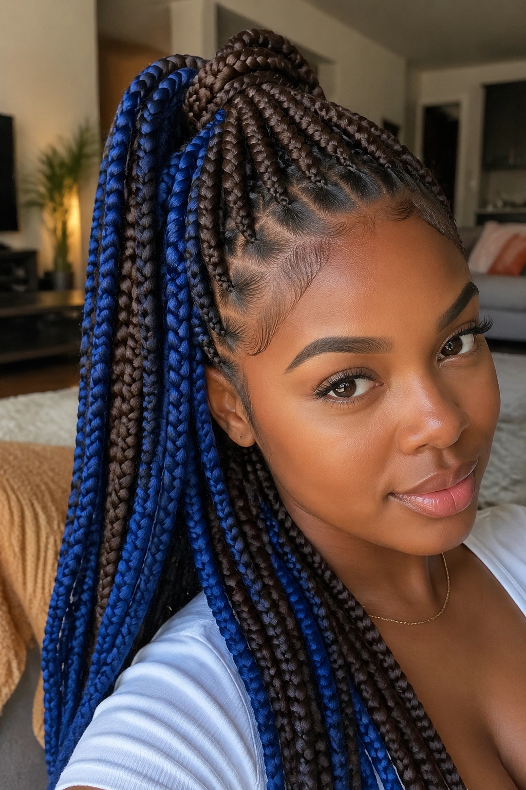 Portrait of a real woman with jumbo box braids showing blue peekaboo under brown.