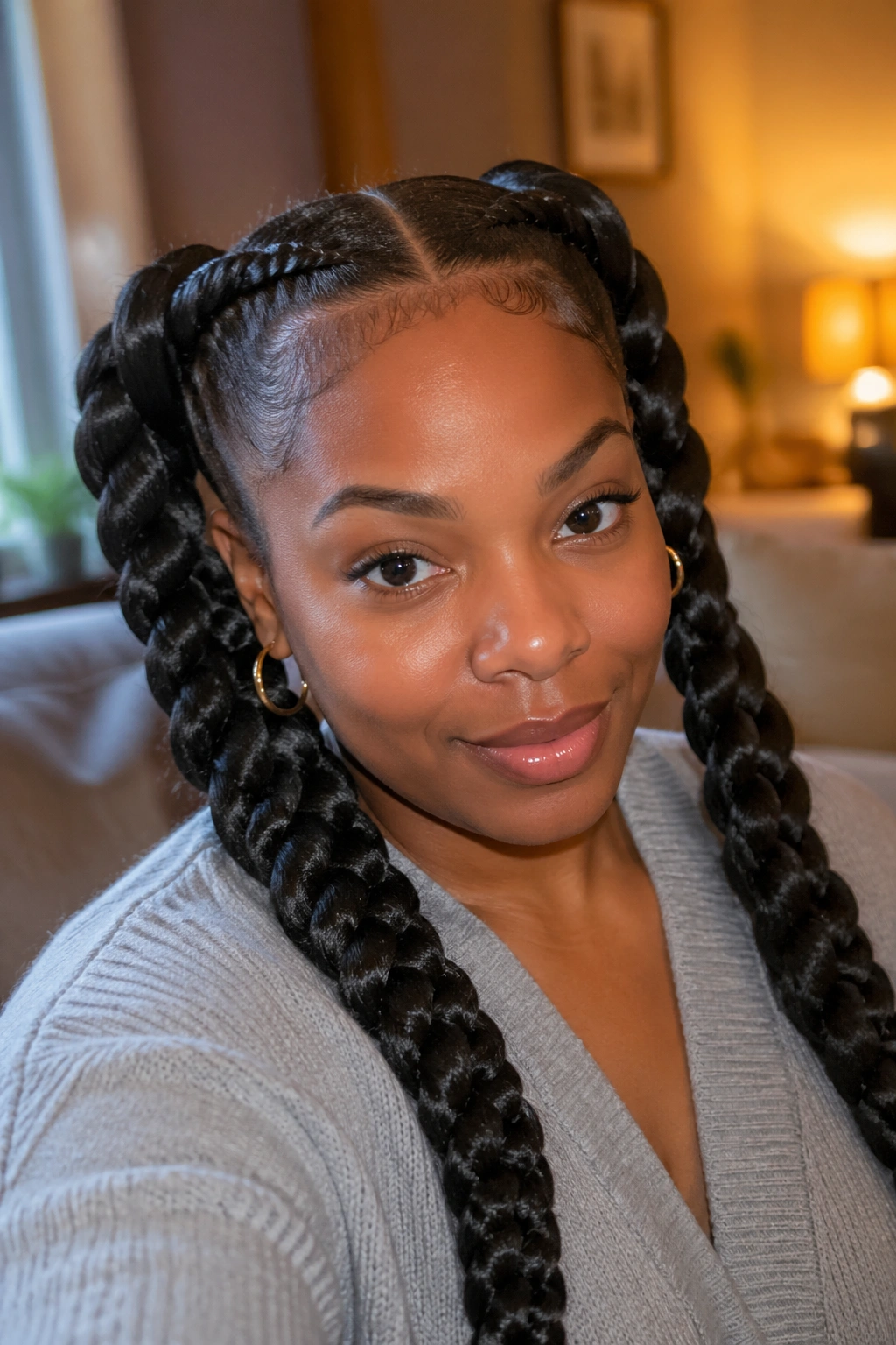 Close-up of jumbo box-braid pigtails on a real person with thick braids