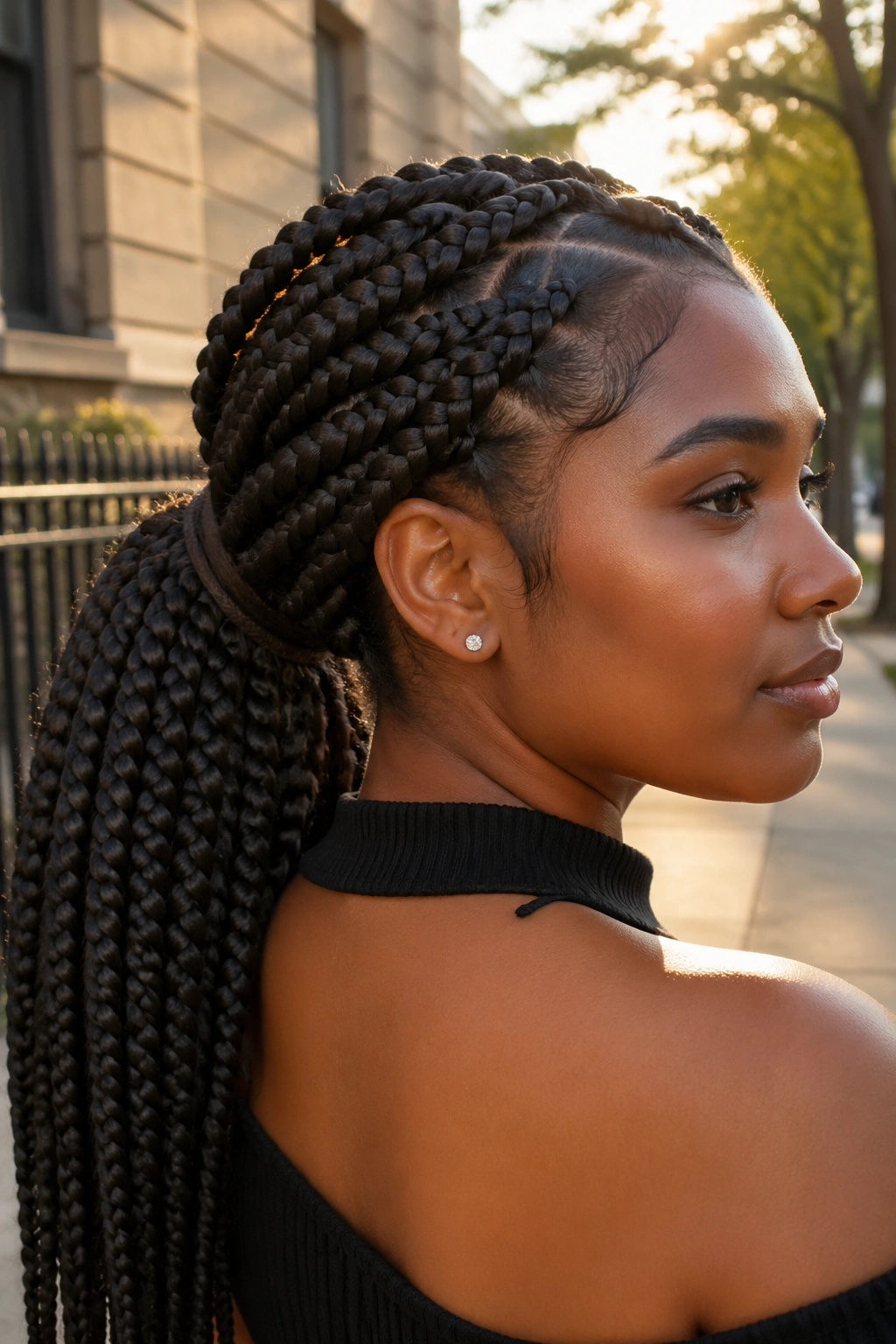 Close-up of a woman with jumbo box braid ponytail in a sculptural style.