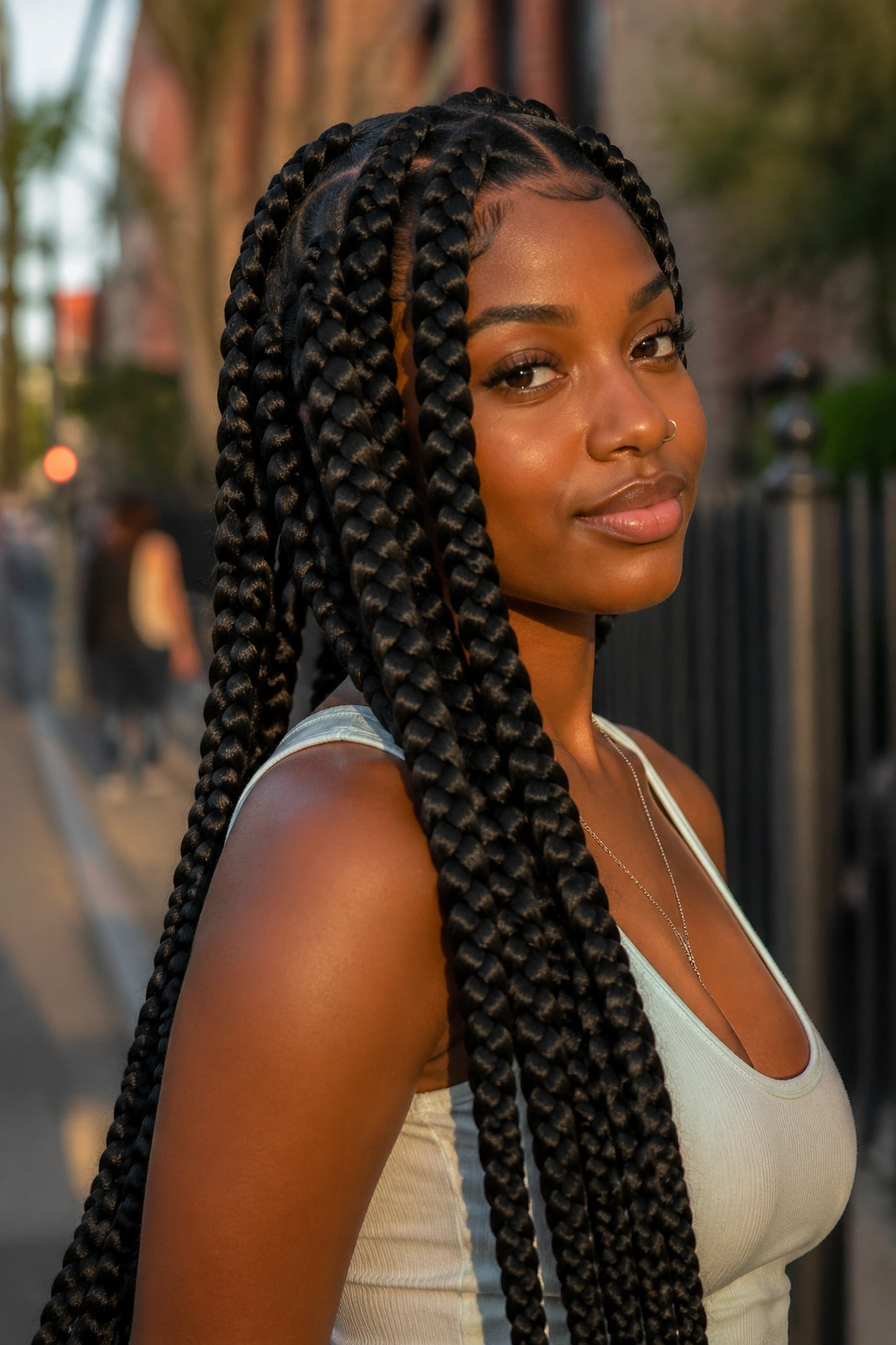 Close-up of jumbo long box braids on a real person.