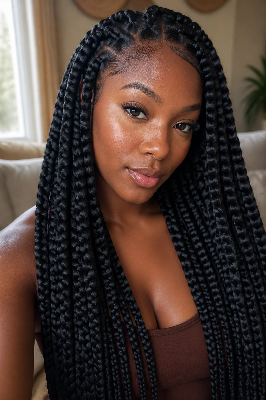 Close-up of a real woman with jumbo box braids in a cozy living room