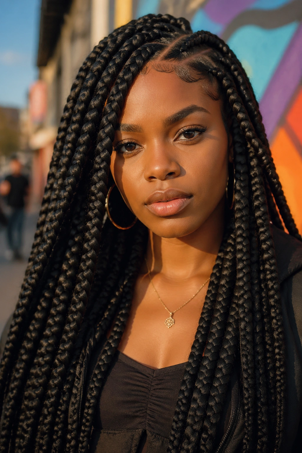 Jumbo box braids on a real person in urban setting
