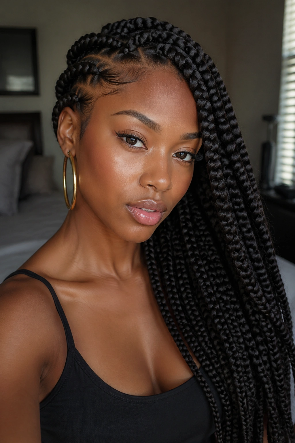 Close-up portrait of jumbo box braids swept over one shoulder on a real person in warm bedroom light