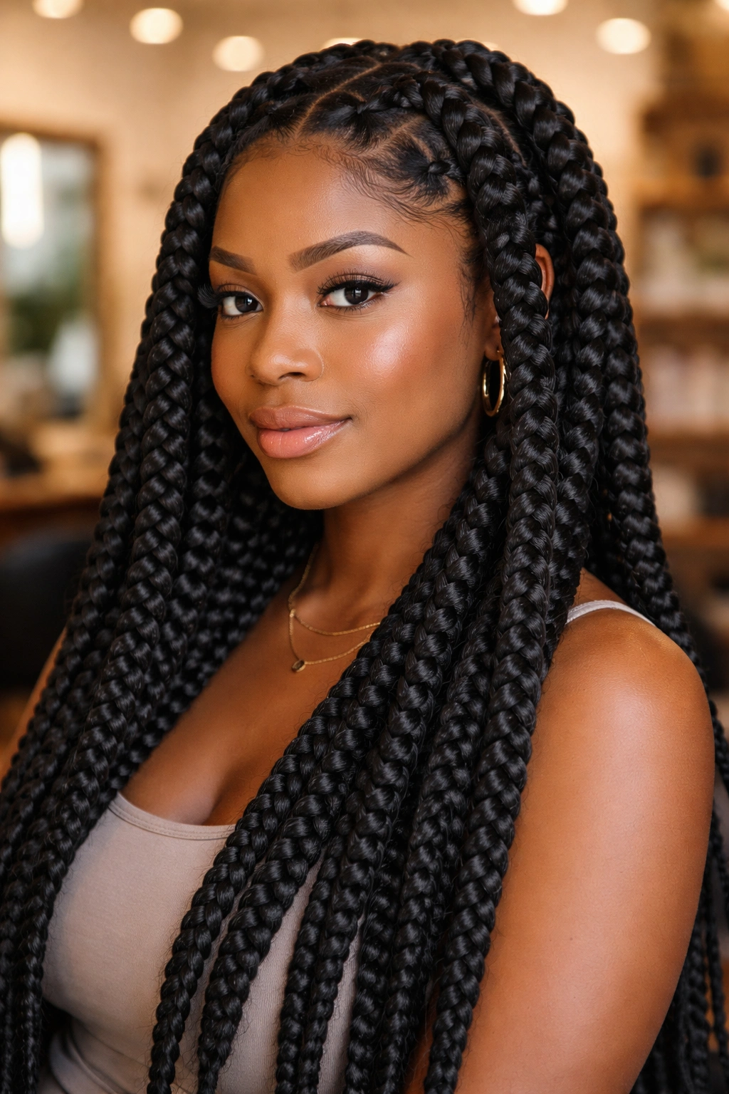 Close-up of jumbo box braids on a real person