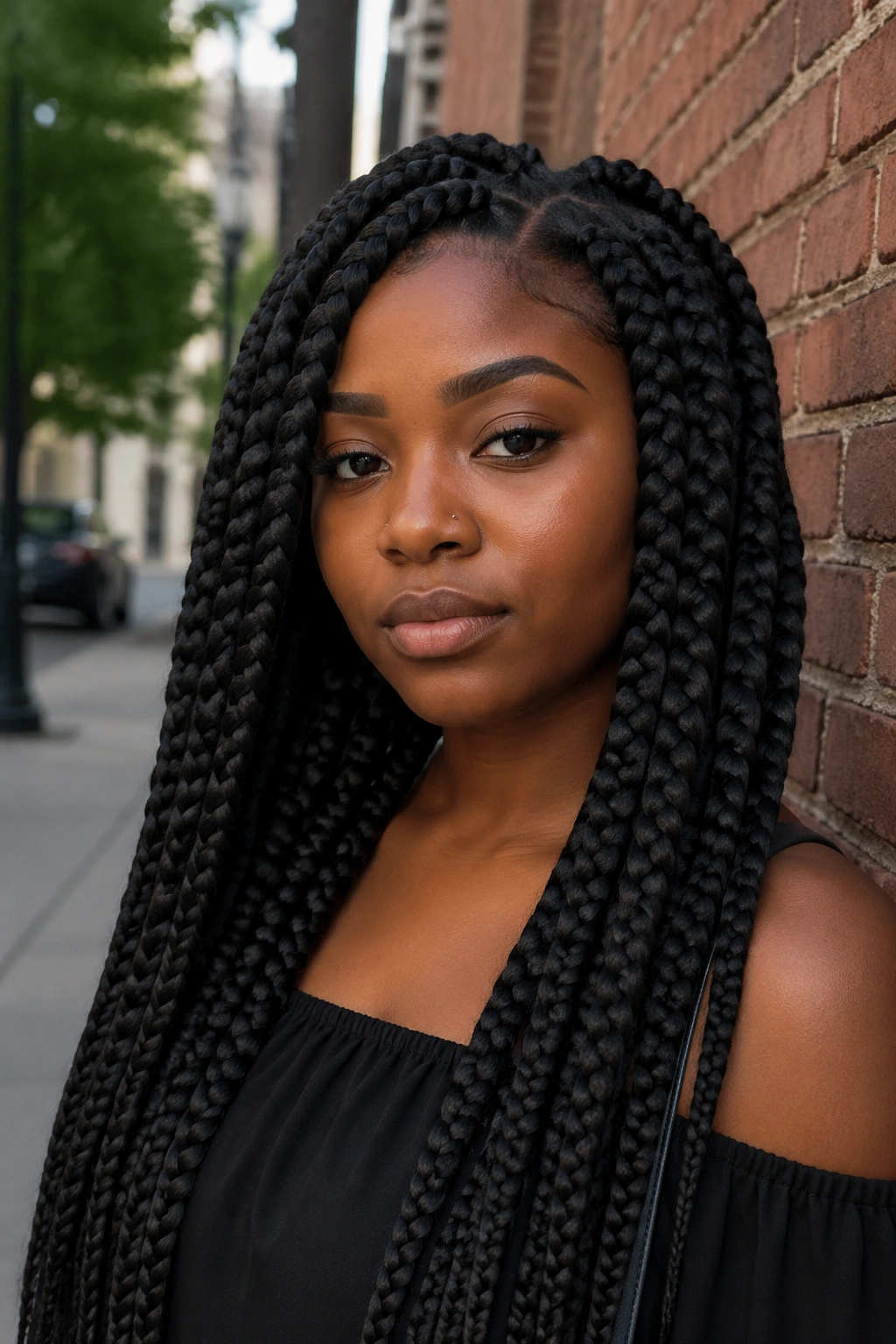Real person with jumbo crochet box braids framing the face.