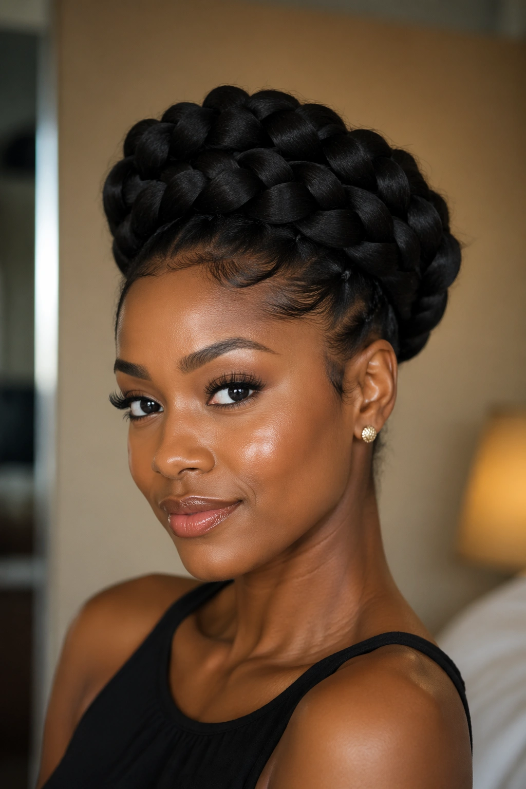Close-up of jumbo braid crown bun on a real woman with thick braid around crown
