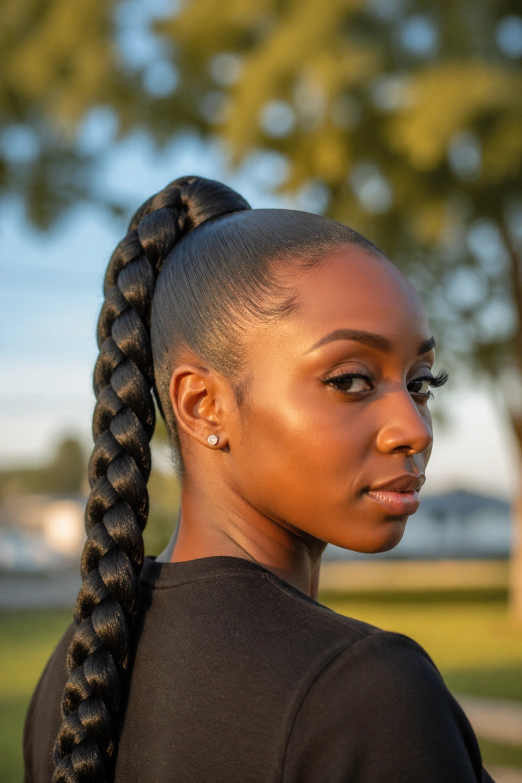 Close-up of a real woman with a bold jumbo single braid ponytail