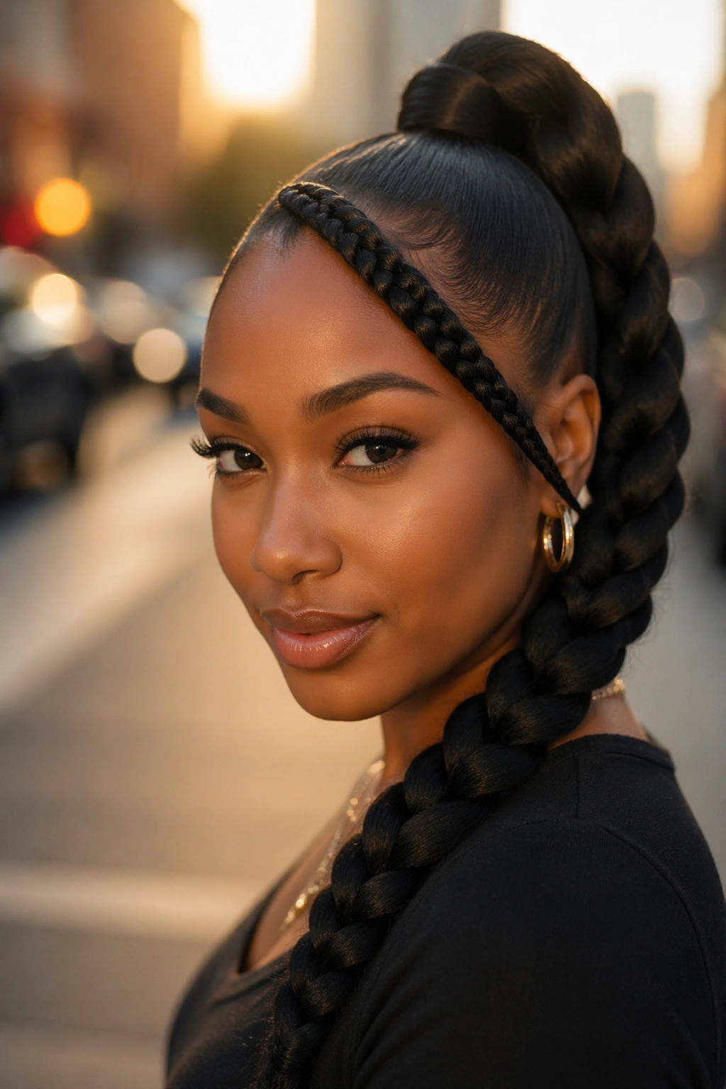 Close-up of a real Black woman with a jumbo braid ponytail and braided side fringe on an urban street at golden hour.