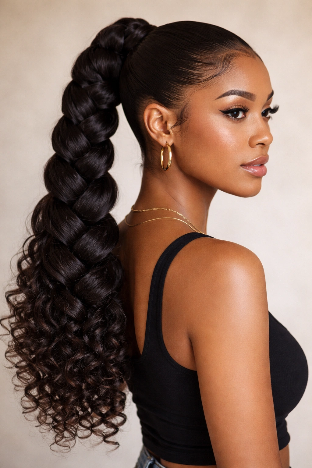 Jumbo braid ponytail on thick curly hair