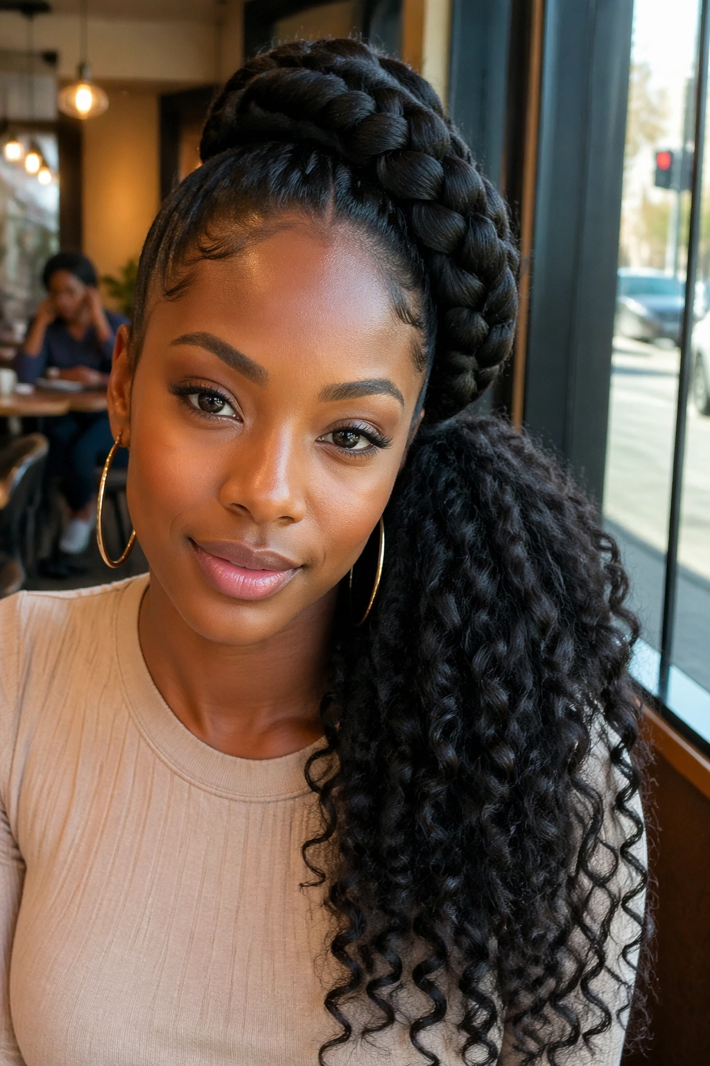 Real woman with a jumbo braid flowing into a curly ponytail
