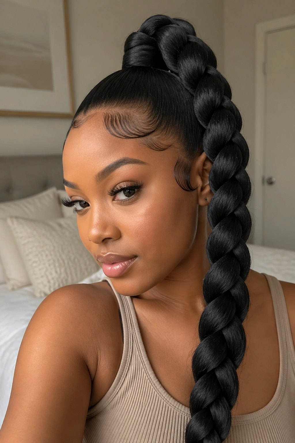 Close-up of a real woman with a jumbo braid ponytail in a cozy bedroom
