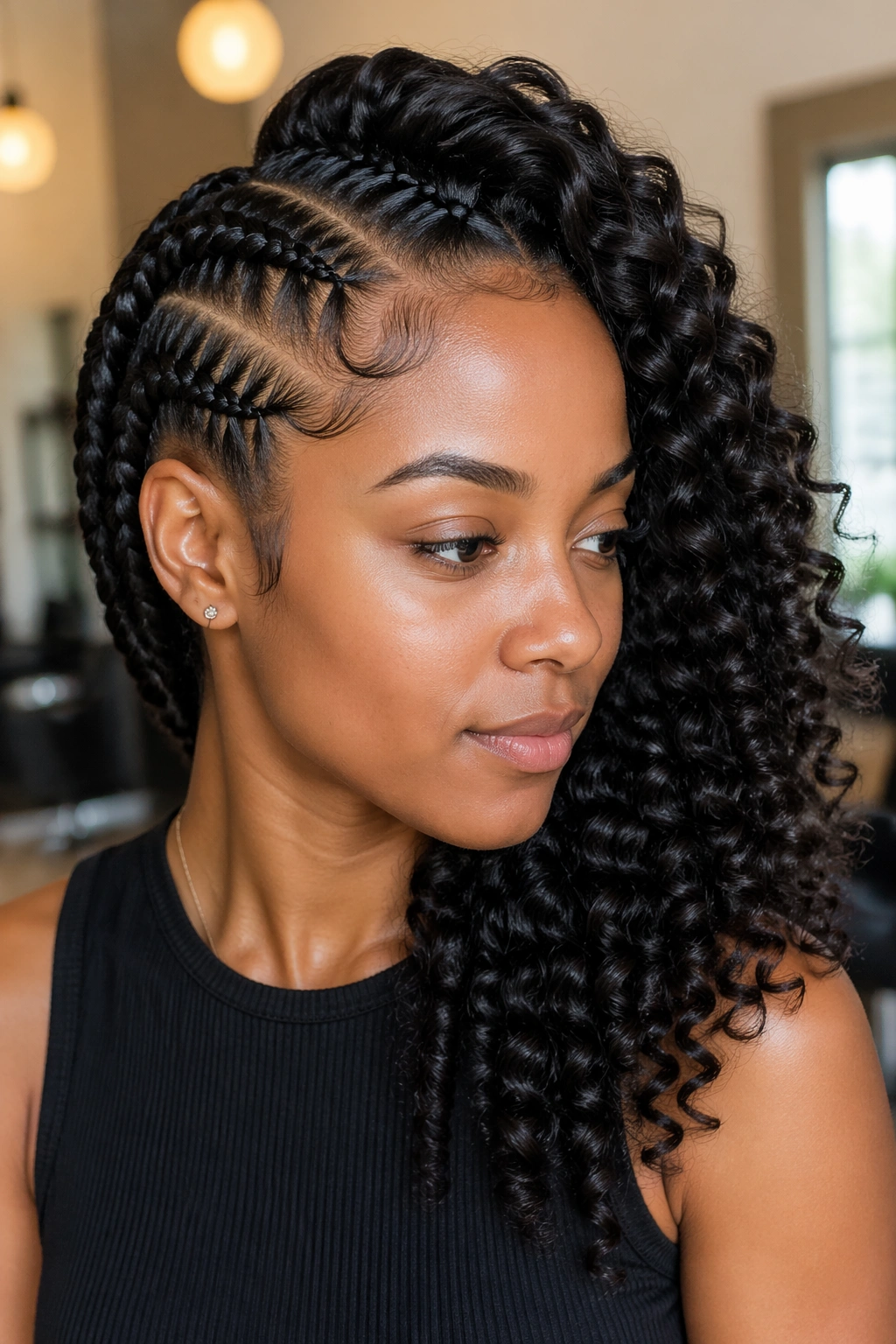 Real woman with two jumbo braids on one side and large rod curls on the other.