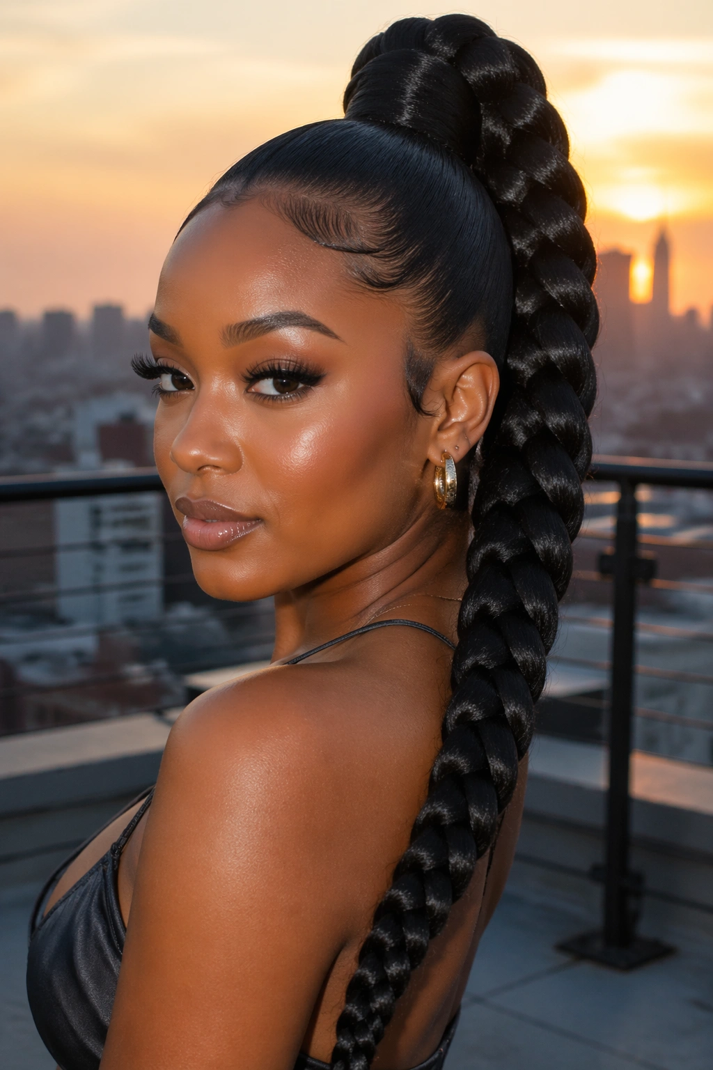 Close-up of a real woman with a jumbo braided drawstring ponytail at sunset rooftop.