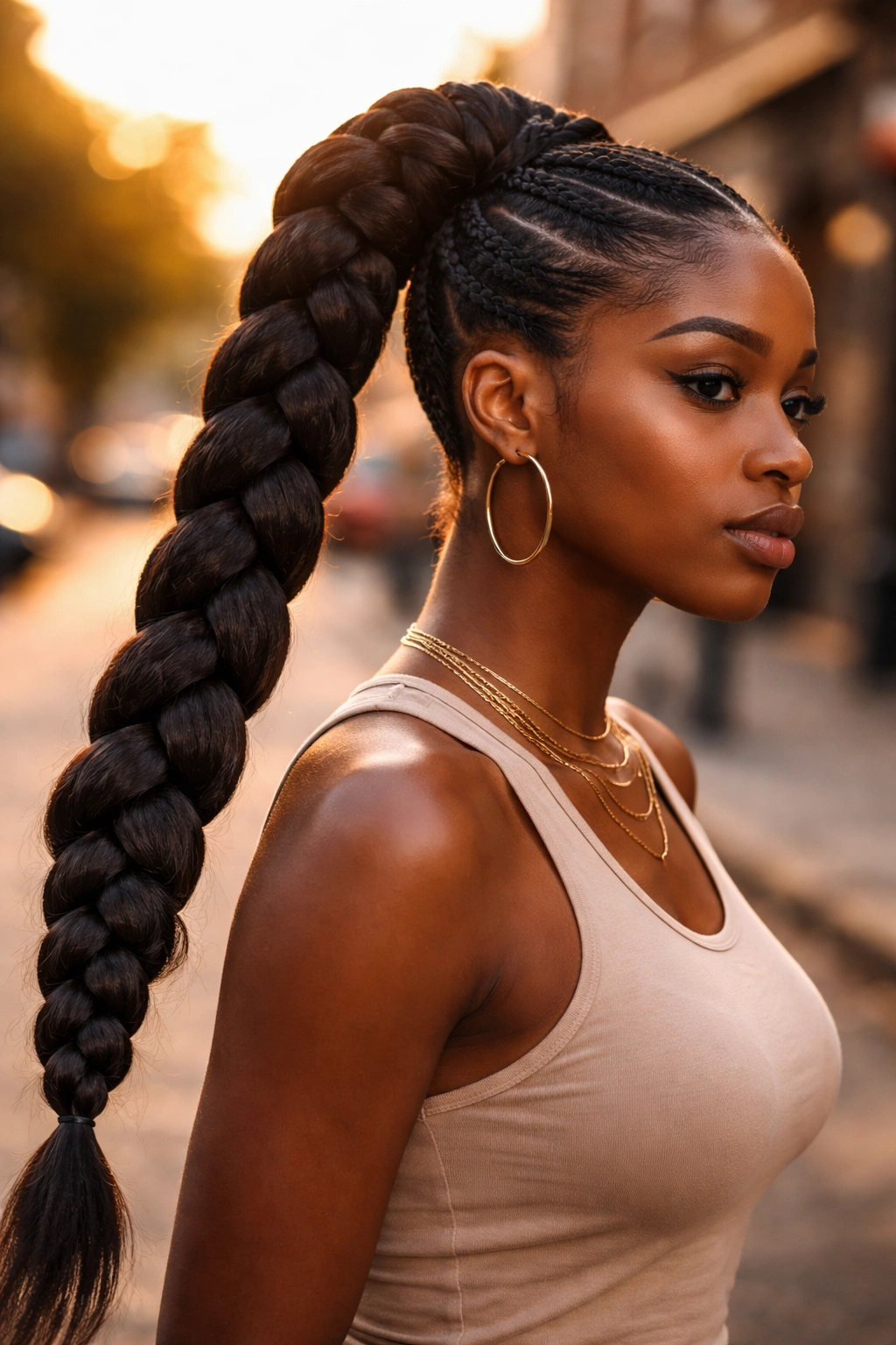 Close-up of a real person with a jumbo braided ponytail featuring thick, large braids.