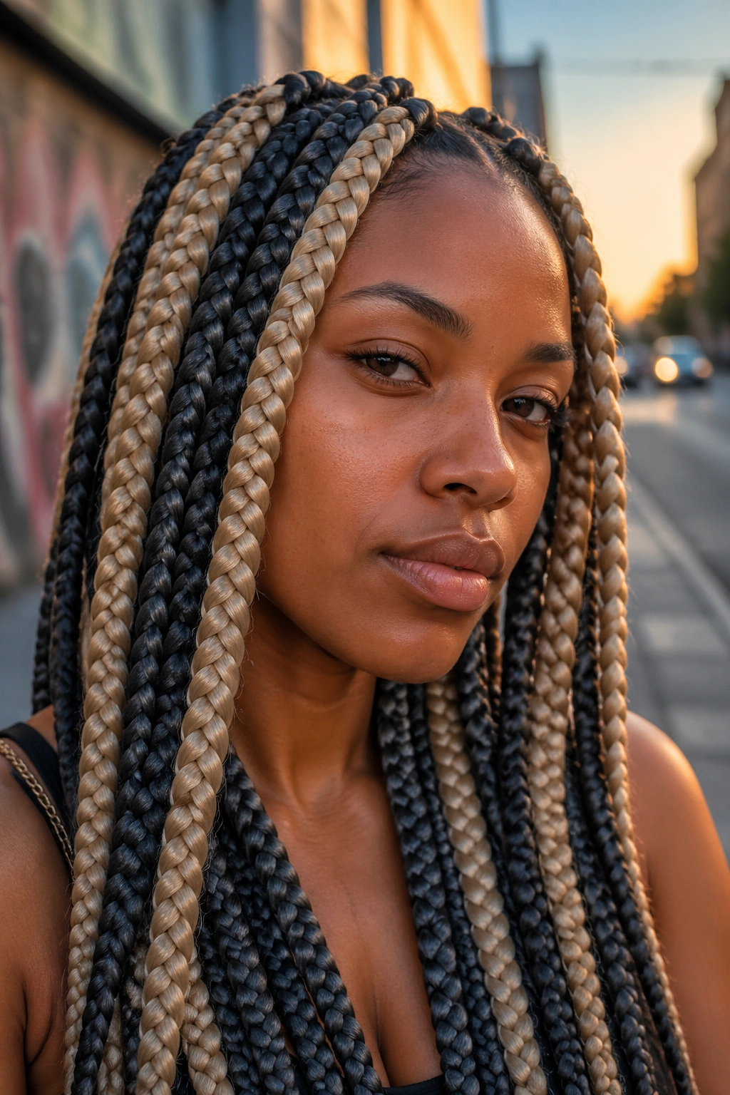 Real person with alternating blonde and charcoal jumbo braids, head-and-shoulders on an urban street at golden hour.