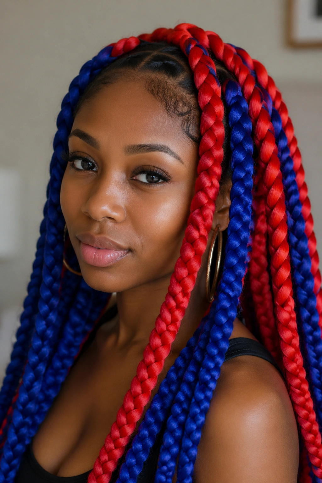 Real person with jumbo blue and red color-block box braids