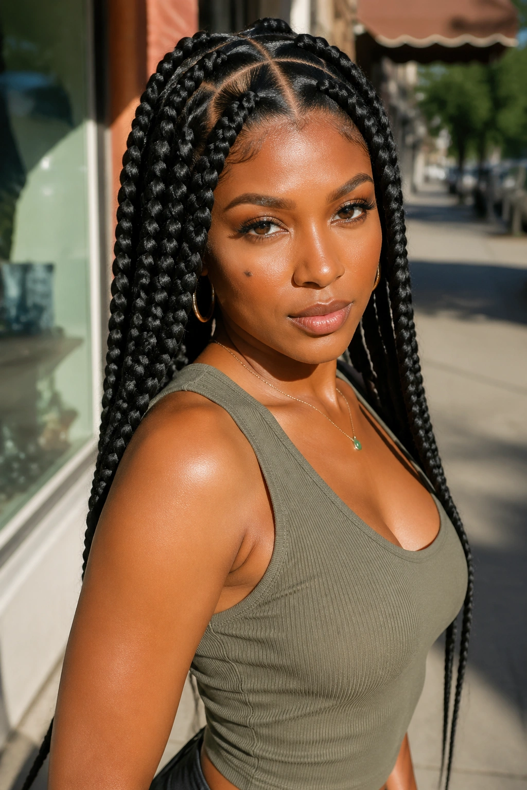 Portrait of a person with bold jumbo triangle-part box braids and crisp parts