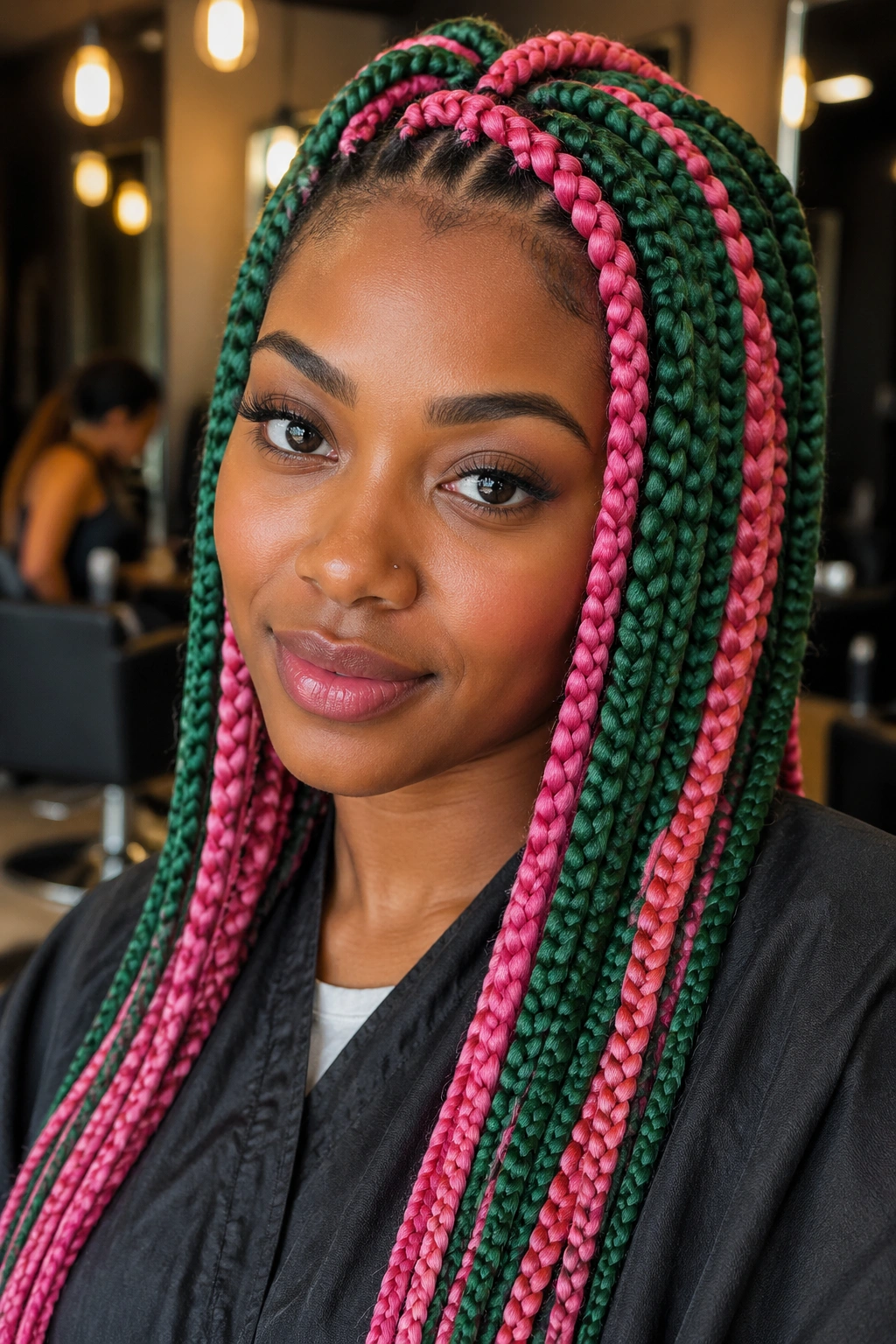 Jumbo green and pink color-block box braids on real person