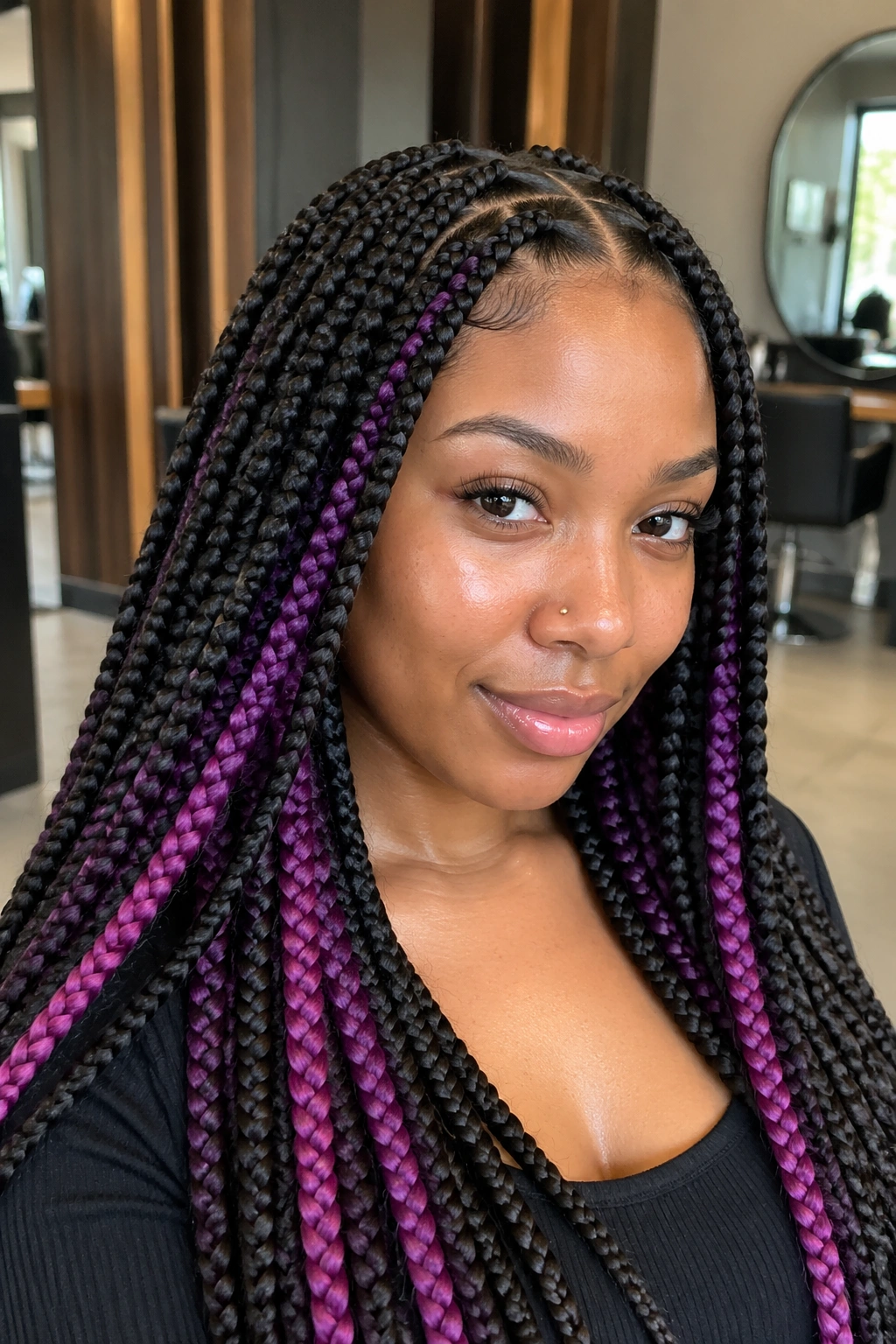 Close-up of real woman with jumbo box braids showing bold color peeking through the dark top layer