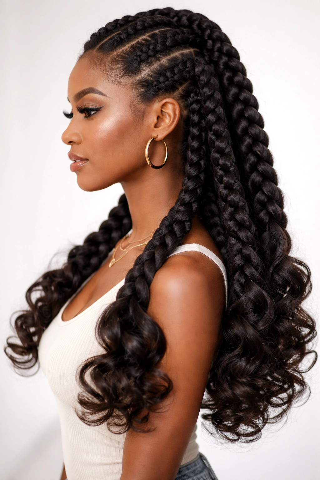 Jumbo braids with big curled ends forming bold silhouette