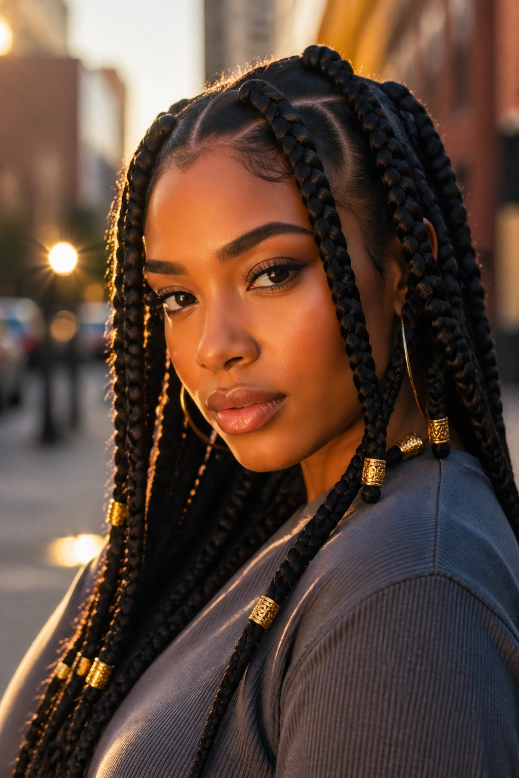 Close-up of a real woman with jumbo knotless braids and gold beads outdoors.