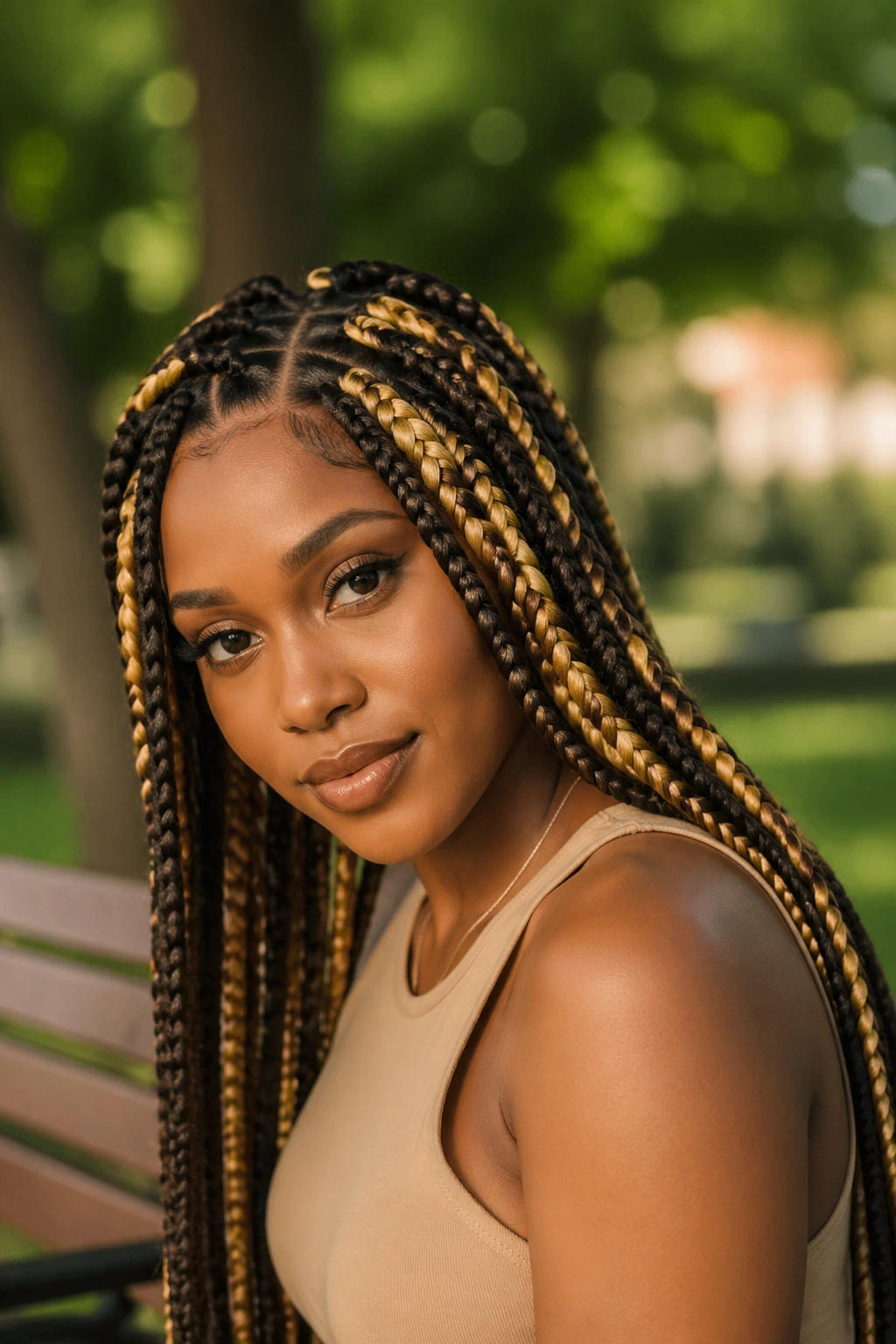 Real woman with jumbo box braids and golden stripes on dark base