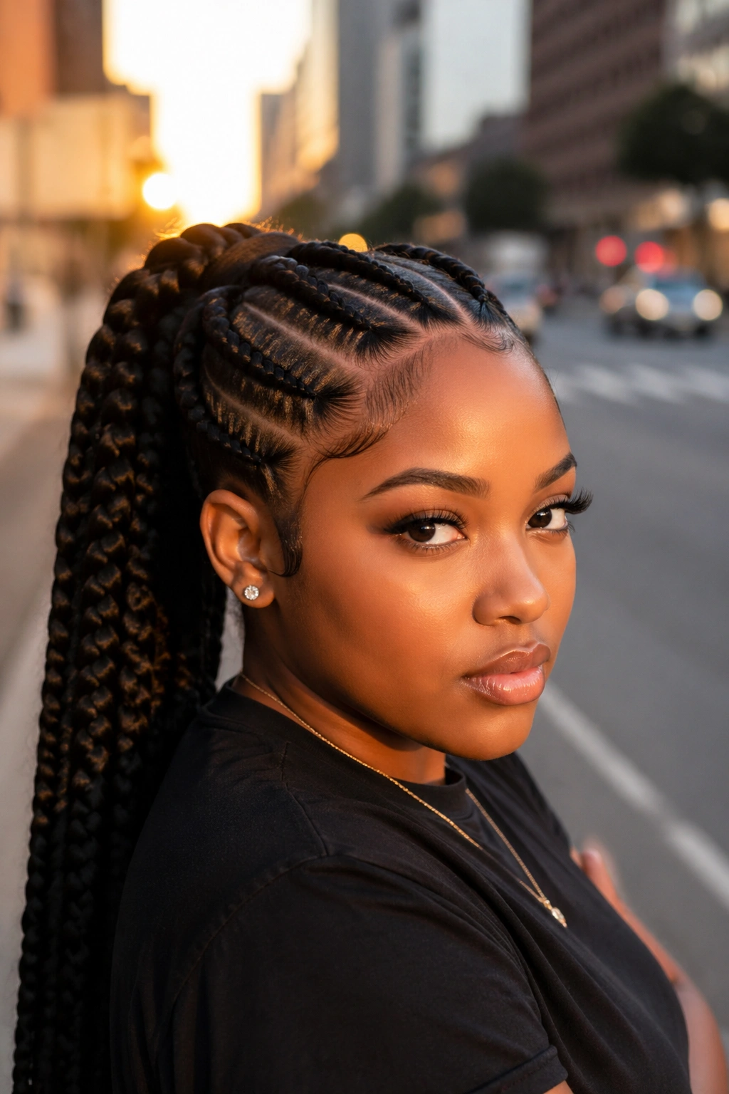 Close-up of jumbo feed-in braids forming a mid ponytail on a real woman