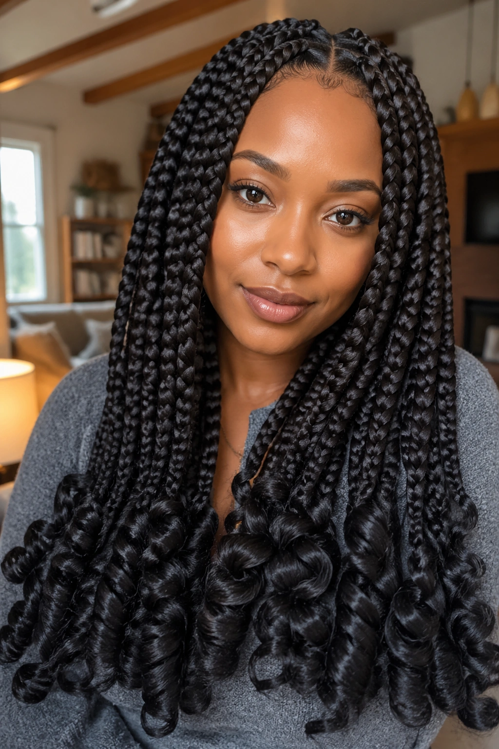 Close-up of a real woman with jumbo braids and oversized curl ends.
