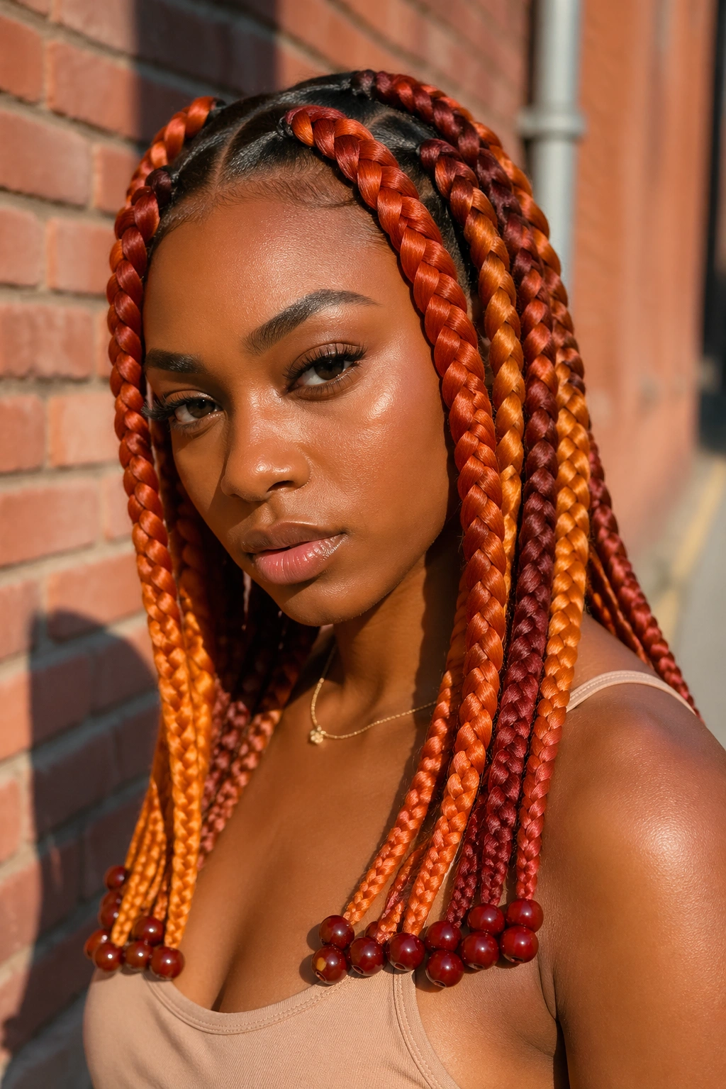 Close-up of jumbo rust and tangerine box braids on a real person