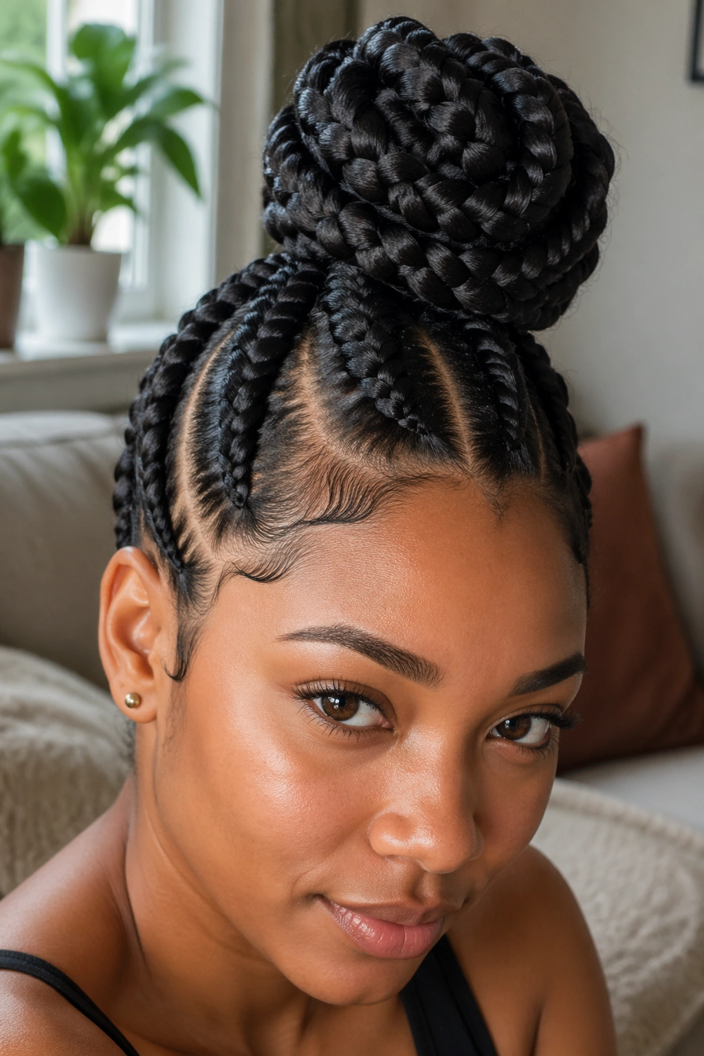 Real person with jumbo braids forming a chunky top knot