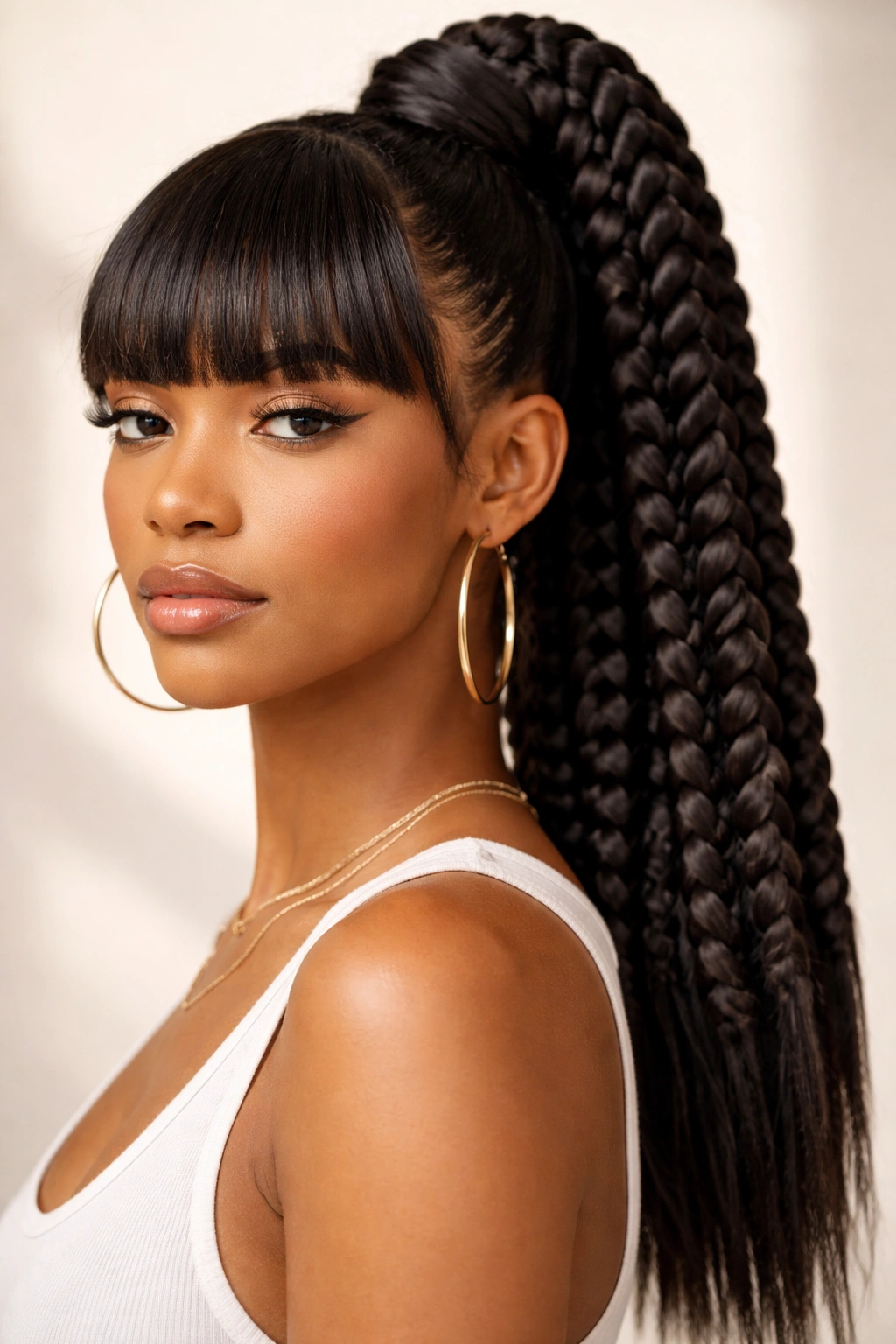 Jumbo feed-in braids into a wrapped ponytail with blunt bangs.