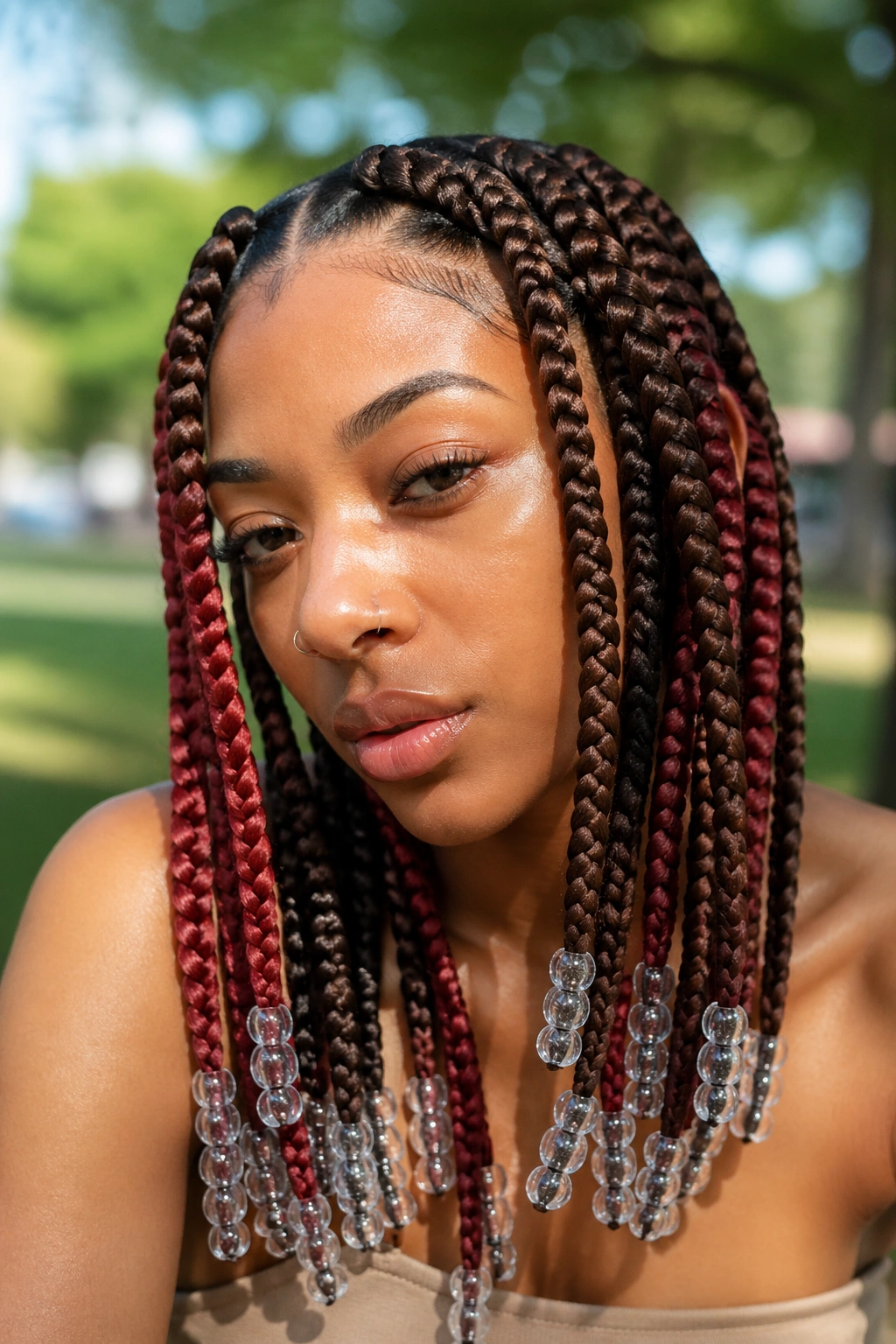 Close-up of a real woman with jumbo brown and red box braids and clear beads